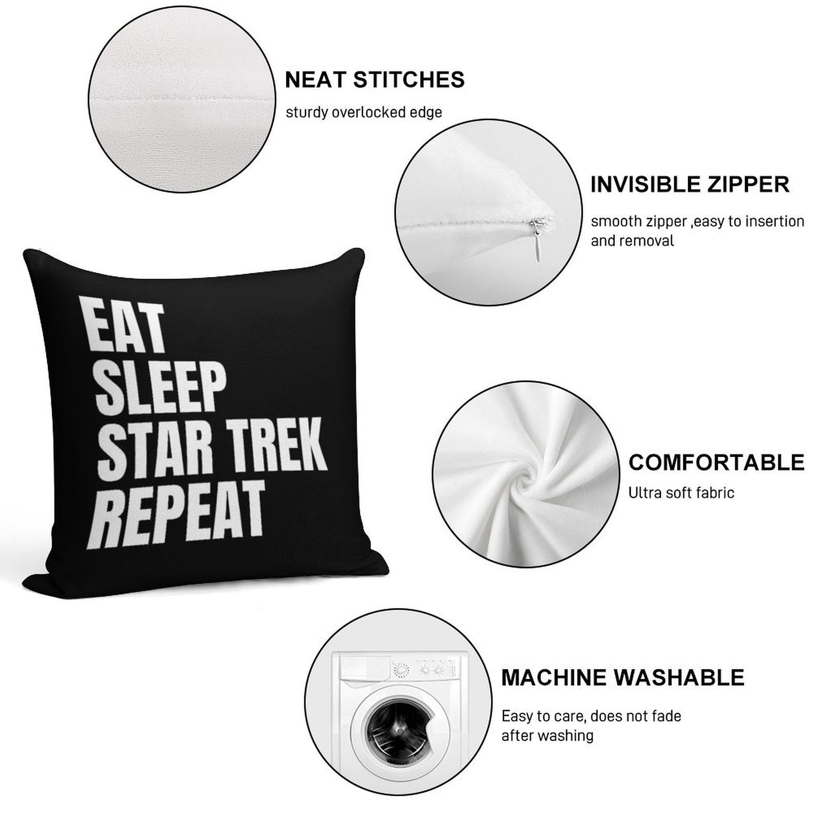 Eat Sleep Star Trek Repeat Soft High-Density Material Throw Pillow