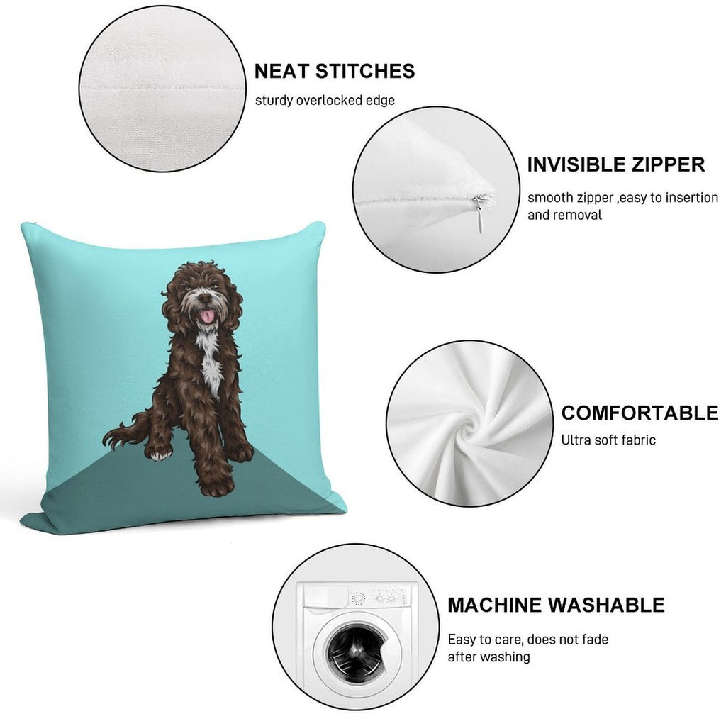 Sproodle  Cute Dog Art  Turquoise Background Soft Reinforced Edging Throw Pillow