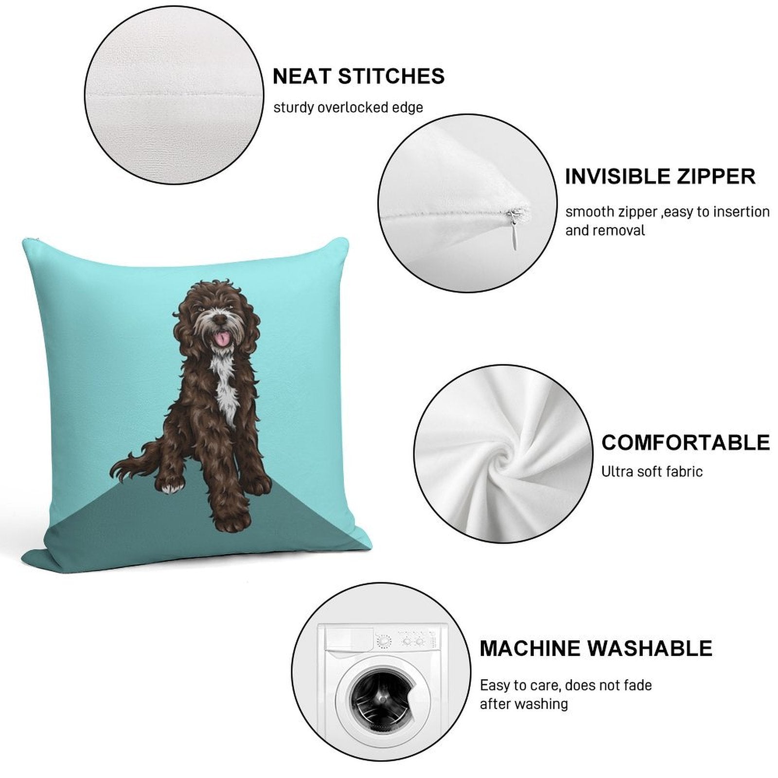 Sproodle  Cute Dog Art  Turquoise Background Soft Reinforced Edging Throw Pillow
