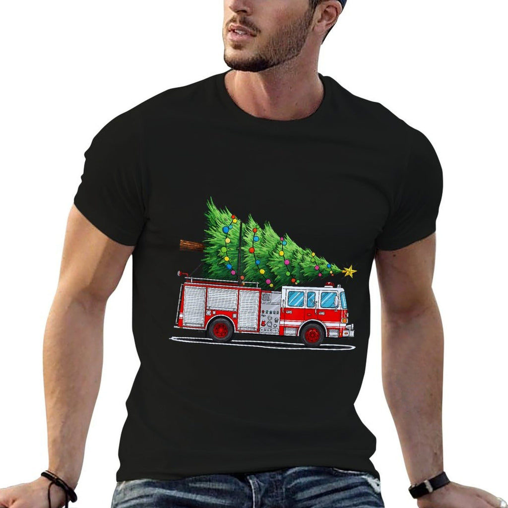Fire Truck Christmas Tree Xmas Lights Firefighter Holiday  Oversized Silhouette T-Shirt