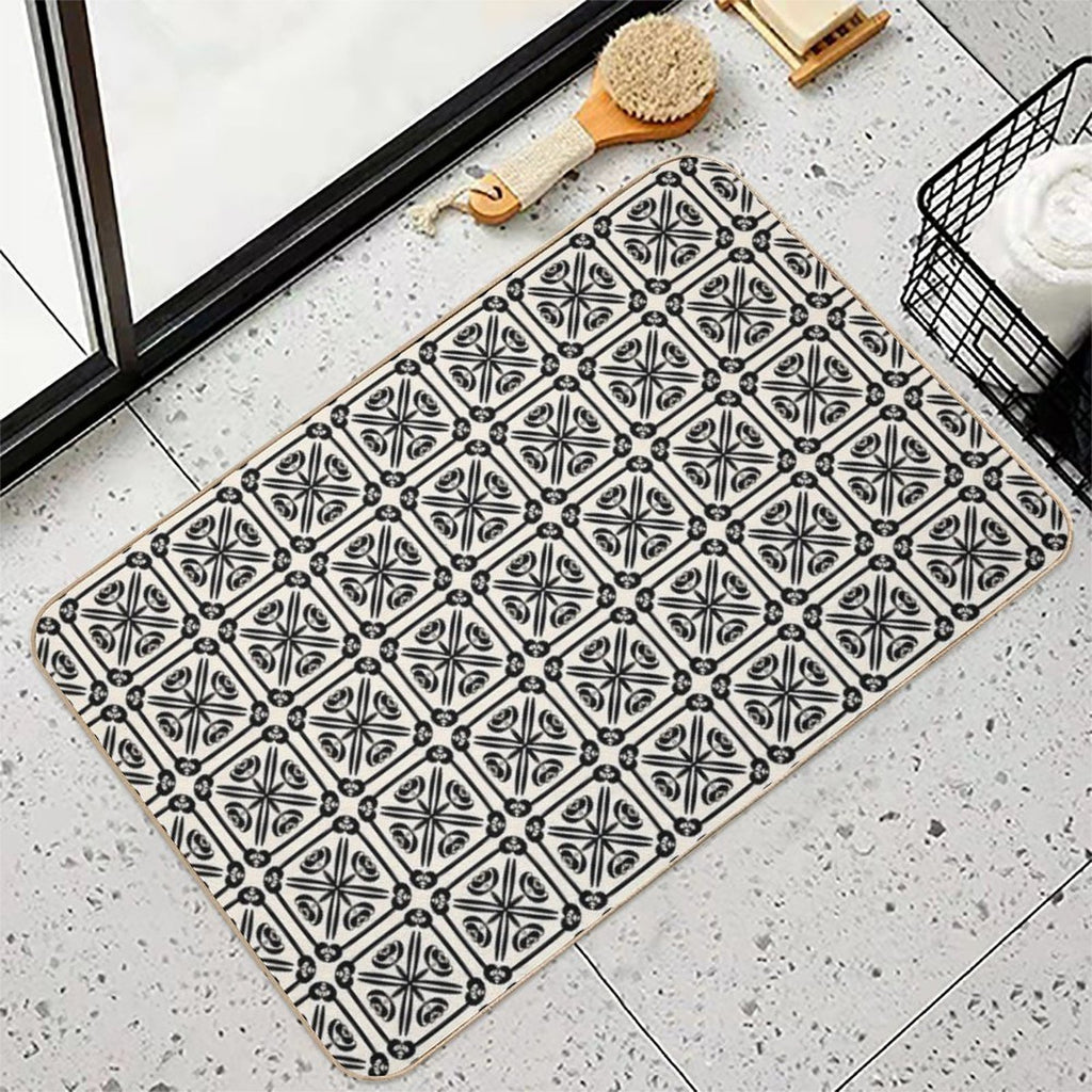 Nouveau Spanish Tile Pattern in Black And Almond Cream  Non-Slip Bath Mat
