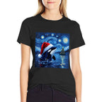 Christmas Orca Santa Hat Van Gogh Starry Night Holiday  High-quality Stitching T-Shirt
