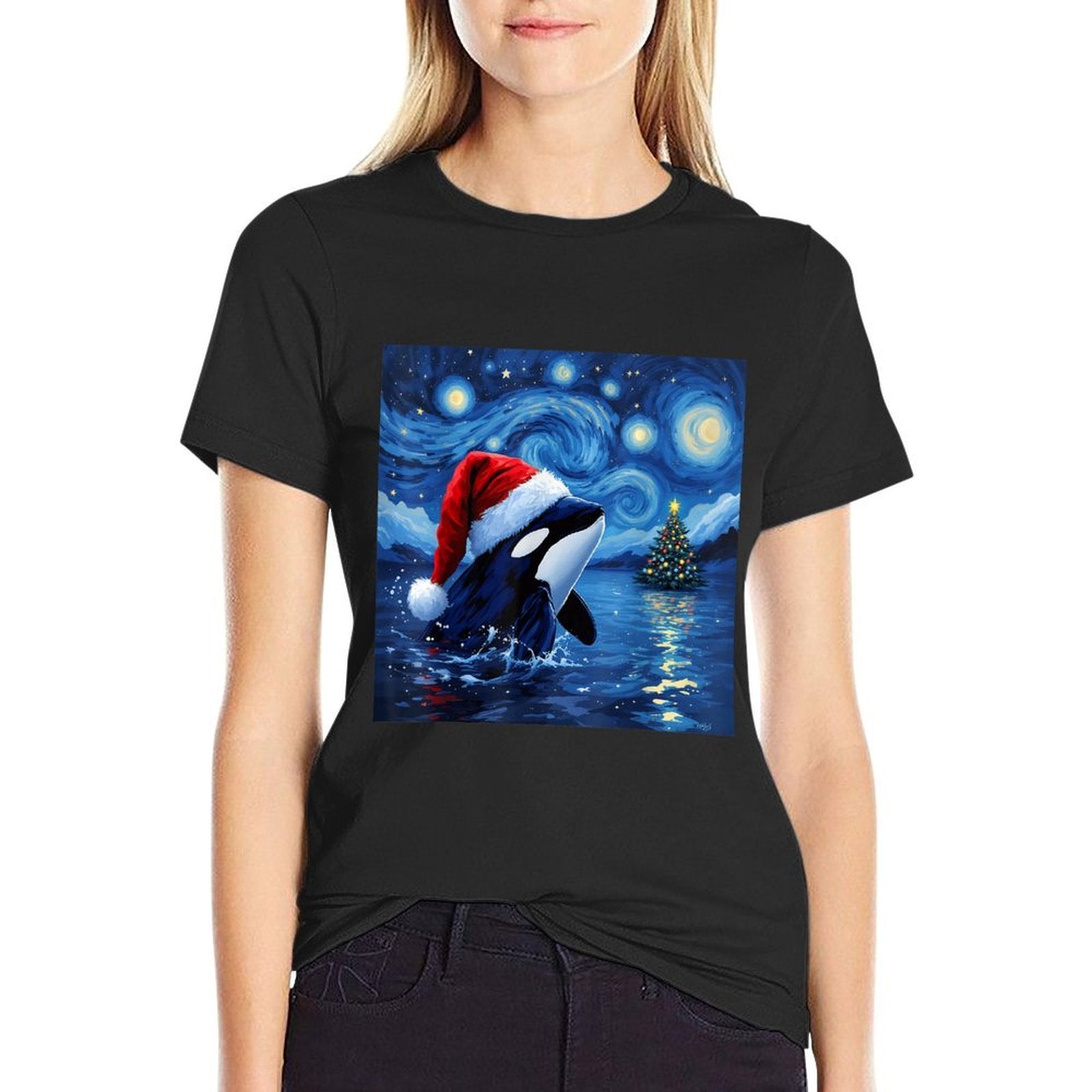 Christmas Orca Santa Hat Van Gogh Starry Night Holiday  High-quality Stitching T-Shirt