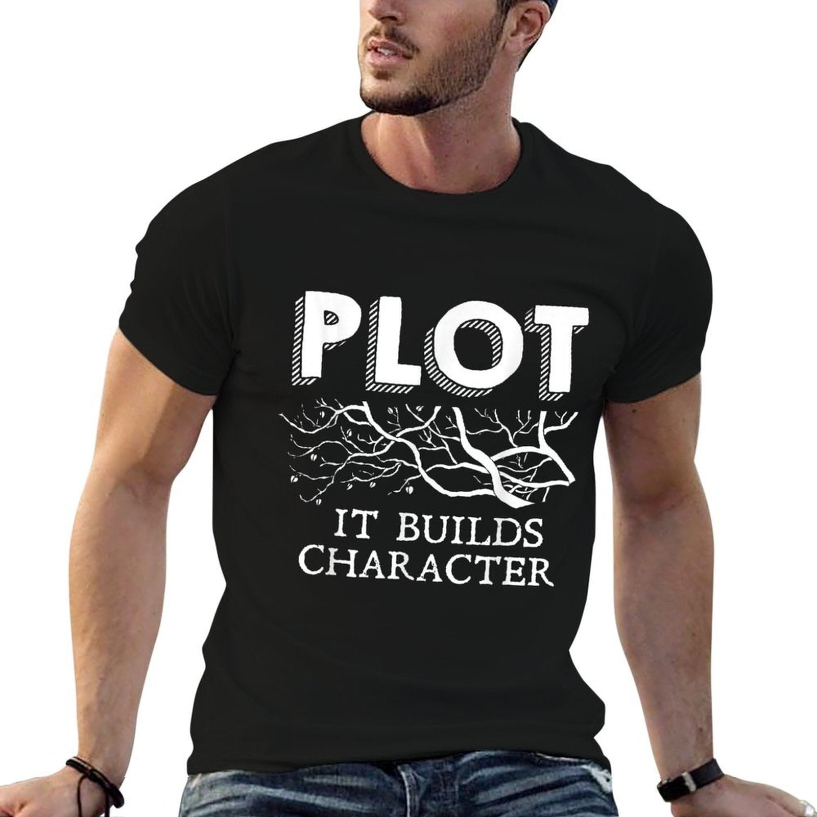 Funny Plot It Builds Character Book Reading Teacher Gift  Ribbed Collar T-Shirt