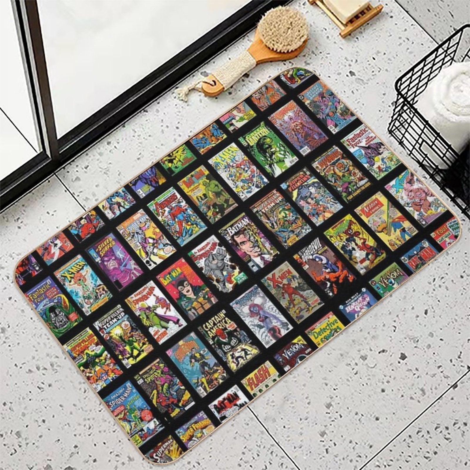 Vintage Superhero Evil Villains Comic Book Collection Retro Pattern  Non-Slip Bath Mat