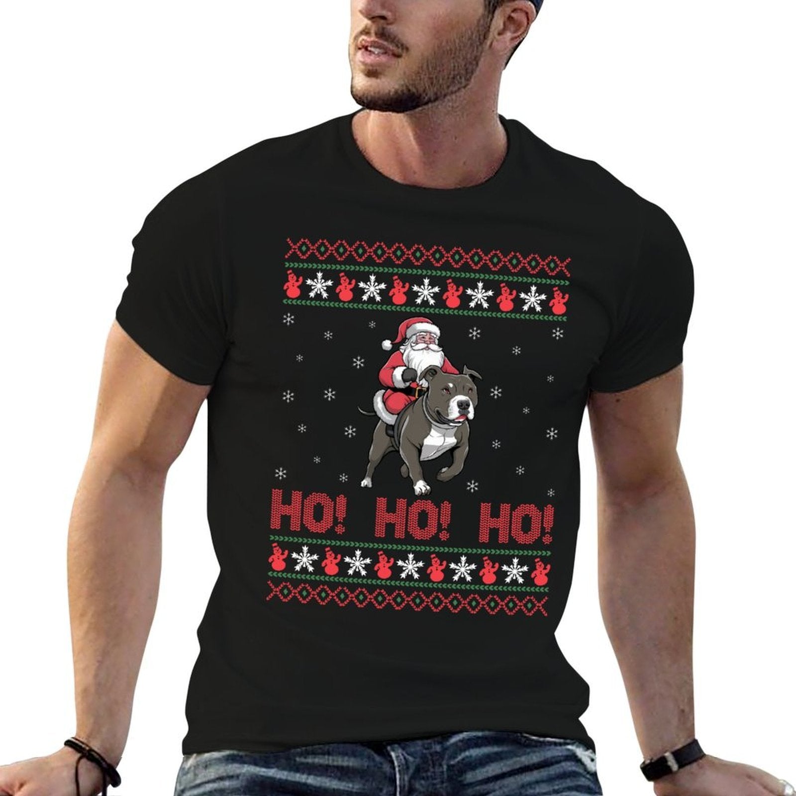 Ho Ho Ho Santa Riding Pitbull Dog Ugly Christmas Sweater  Moisture-wicking T-Shirt