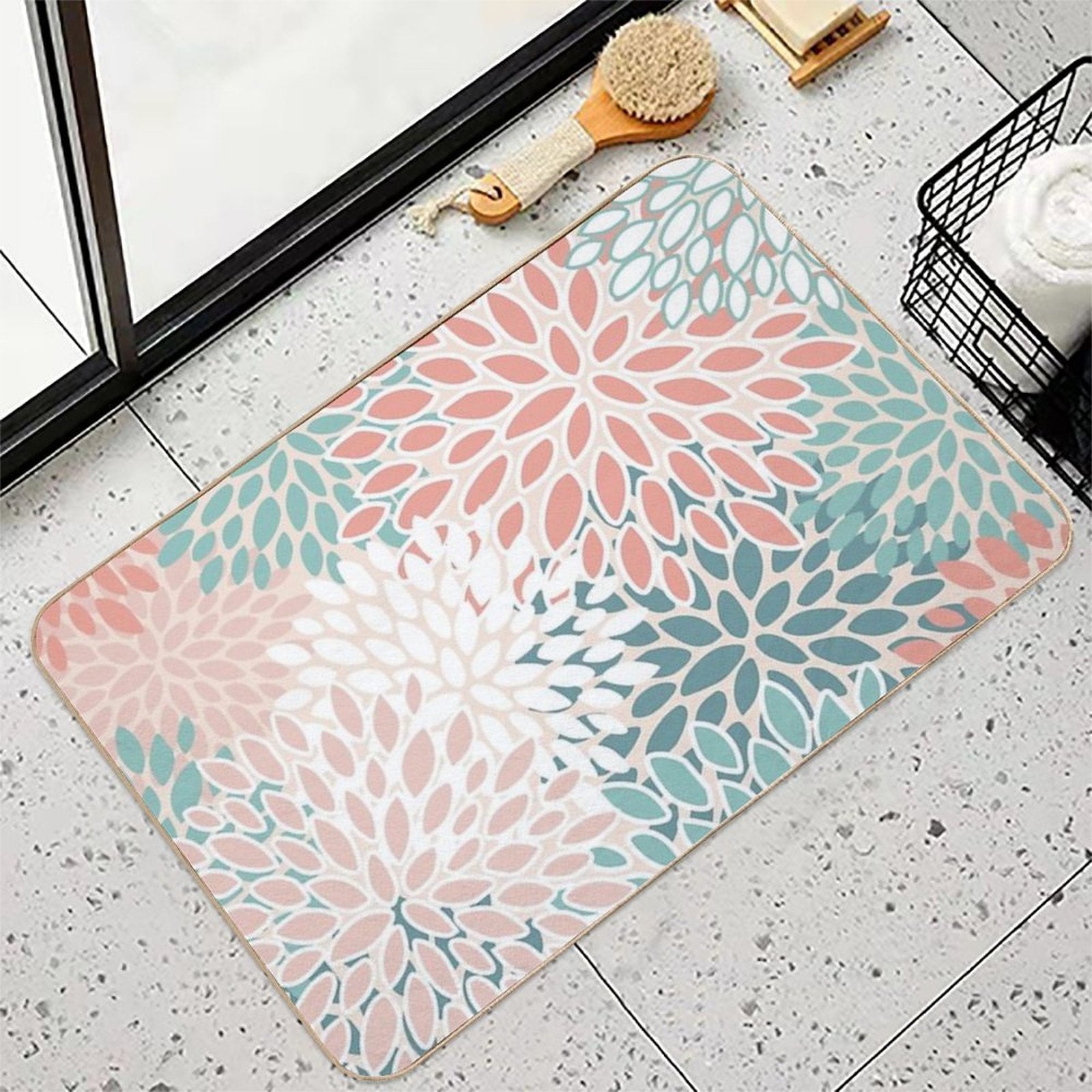 Flower Pattern, Teal, Blush,Coral, Peach  Easy Maintenance Bath Mat