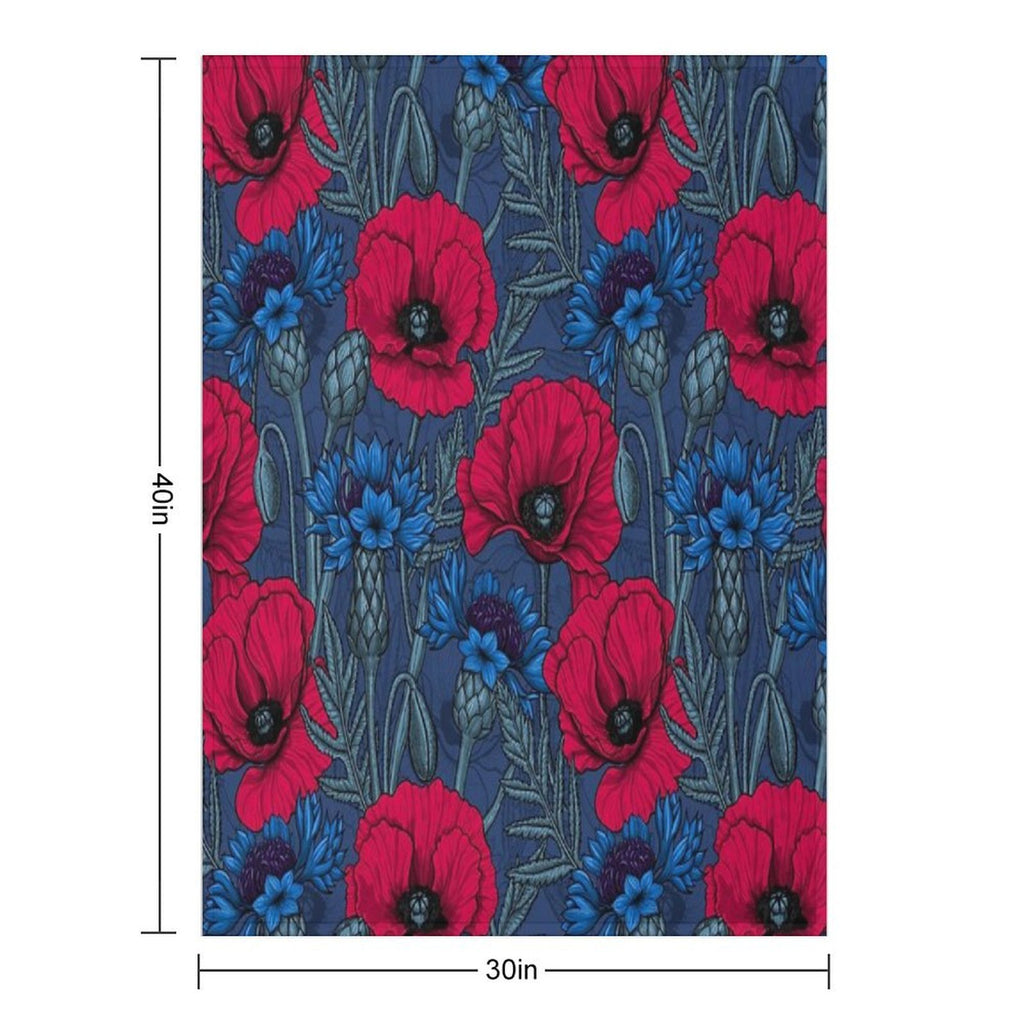 Red Poppies And Blue Cornflowers on Blue Shrink-resistant Throw Blanket
