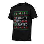 Nice Naughty I Slayed Santa Claus Ugly Christmas Sweater  Ribbed Collar T-Shirt