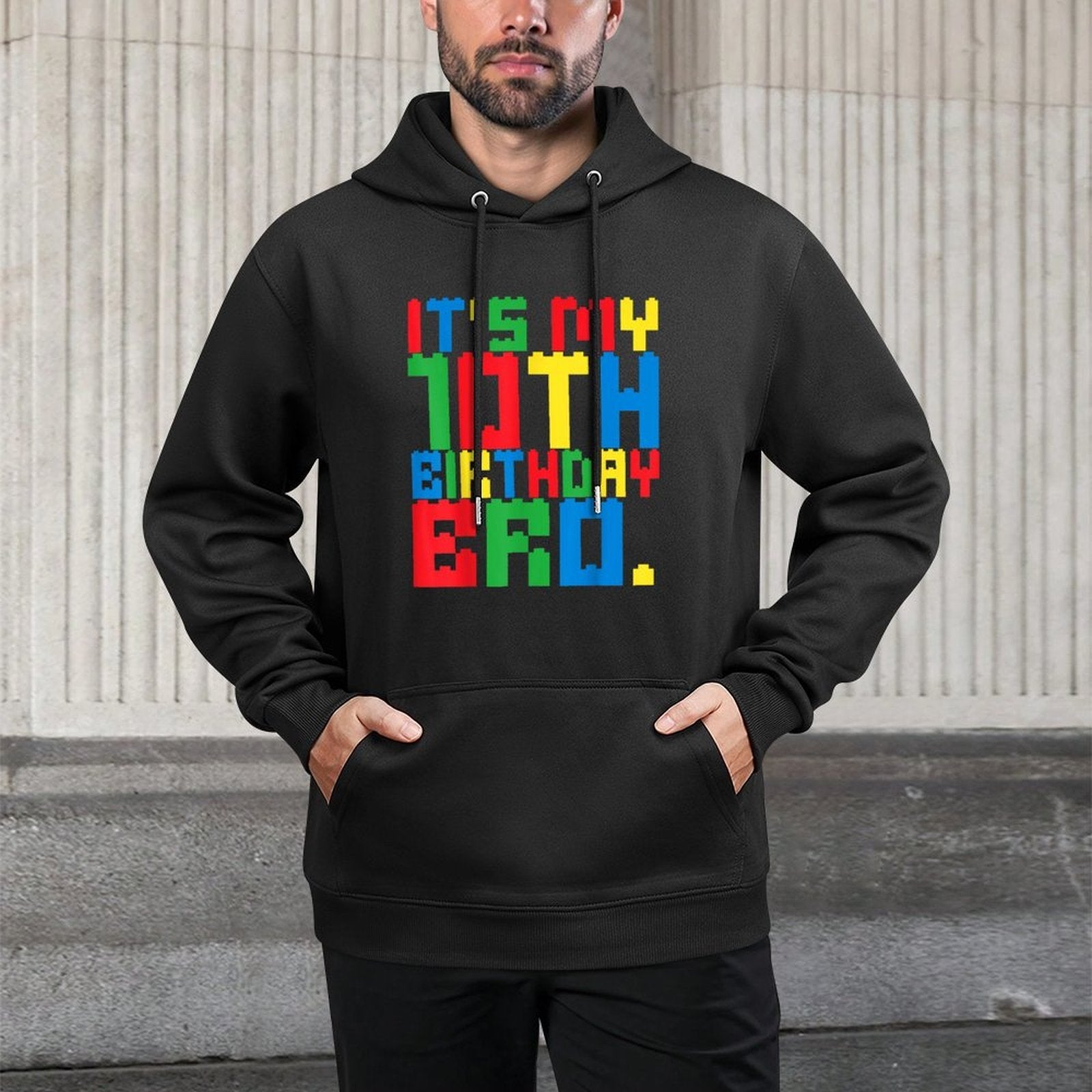 It's My 10th Birthday Bro Block Building 10 Years Old Boys Durable Construction Hoodie
