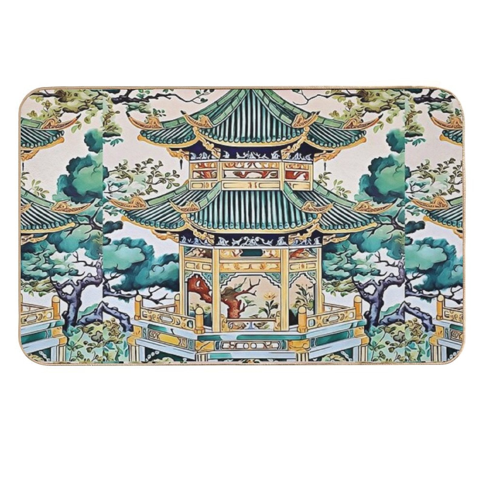 Ceramic Tile Folk Art - Chinese Pagoda Chinoiserie  Versatile Bath Mat