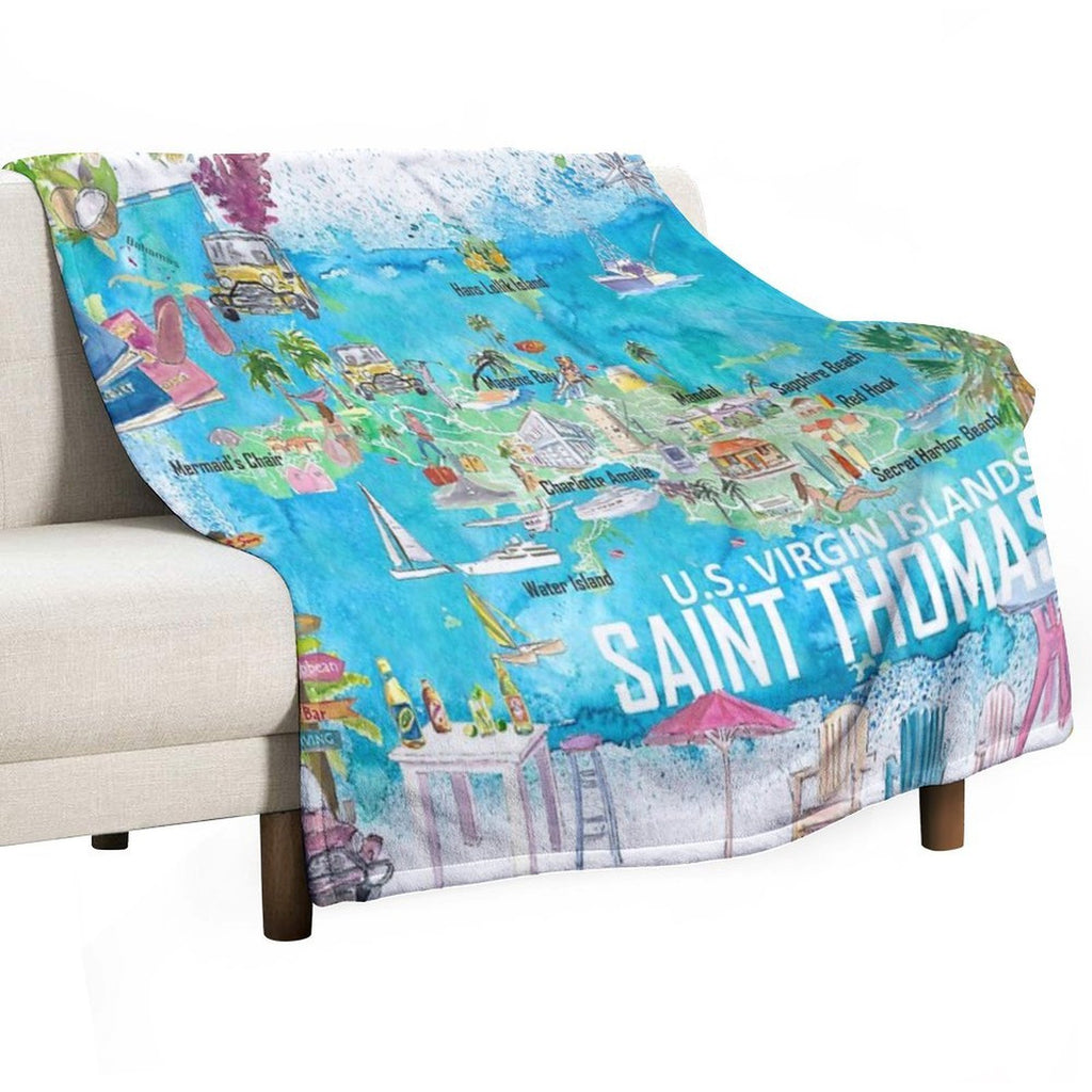 Saint Thomas USVI Illustrated Travel Map with Roads And Tourist Highlights Compact Throw Blanket