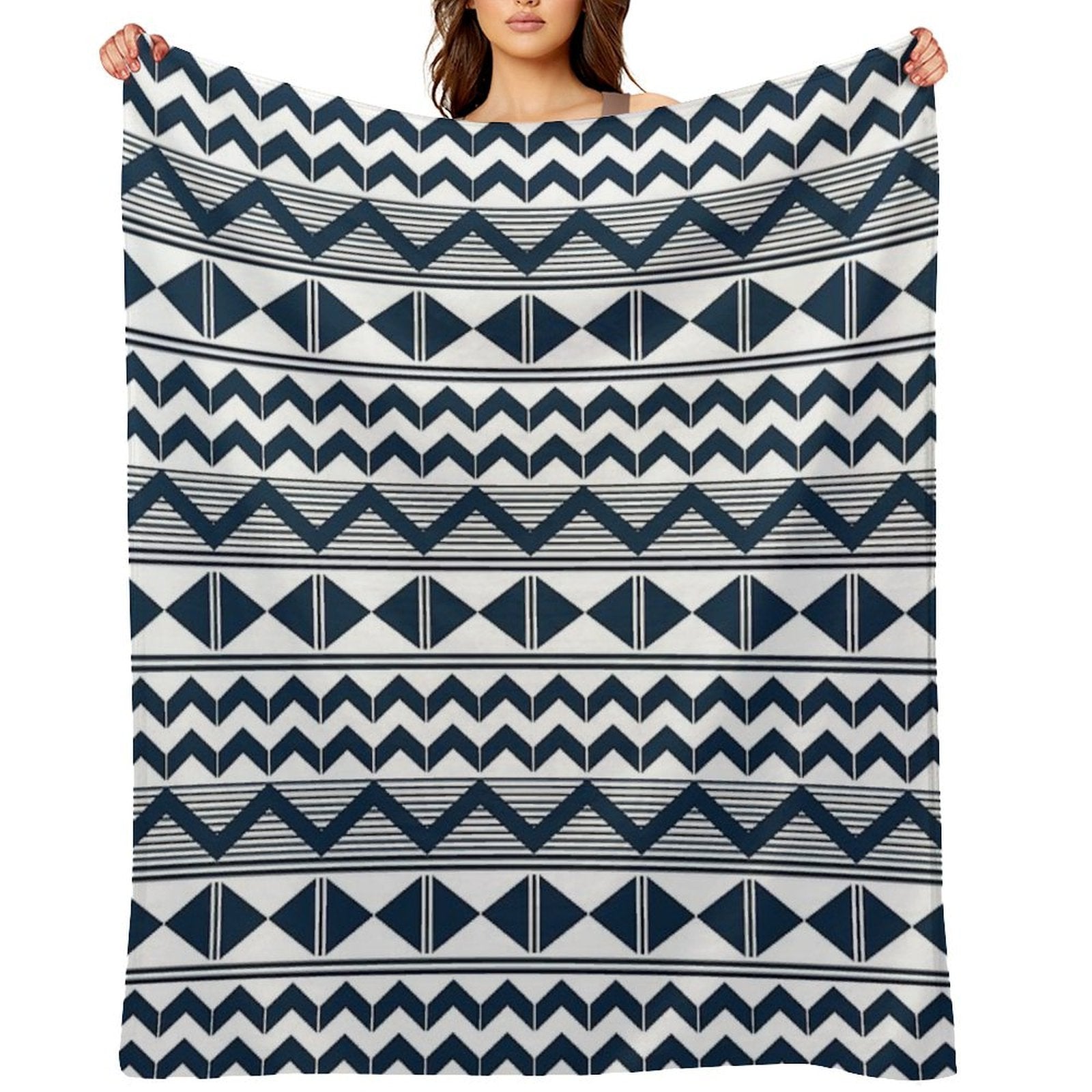 Navy Blue And White Geometry Machine-washable Throw Blanket