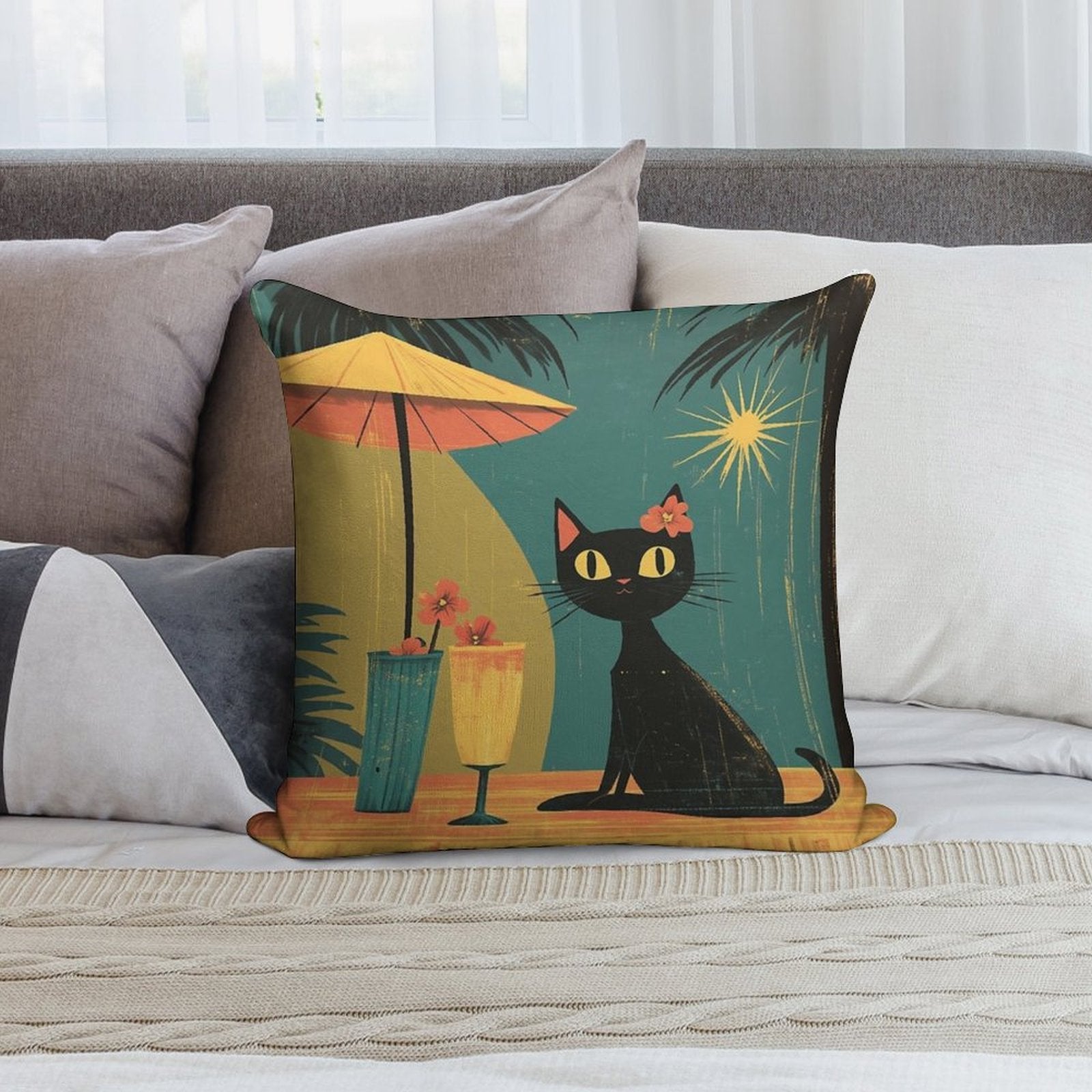 Mid Century Atomic Tiki Black Cat – Retro Lounge Aesthetic Soft Luxury Feel Throw Pillow