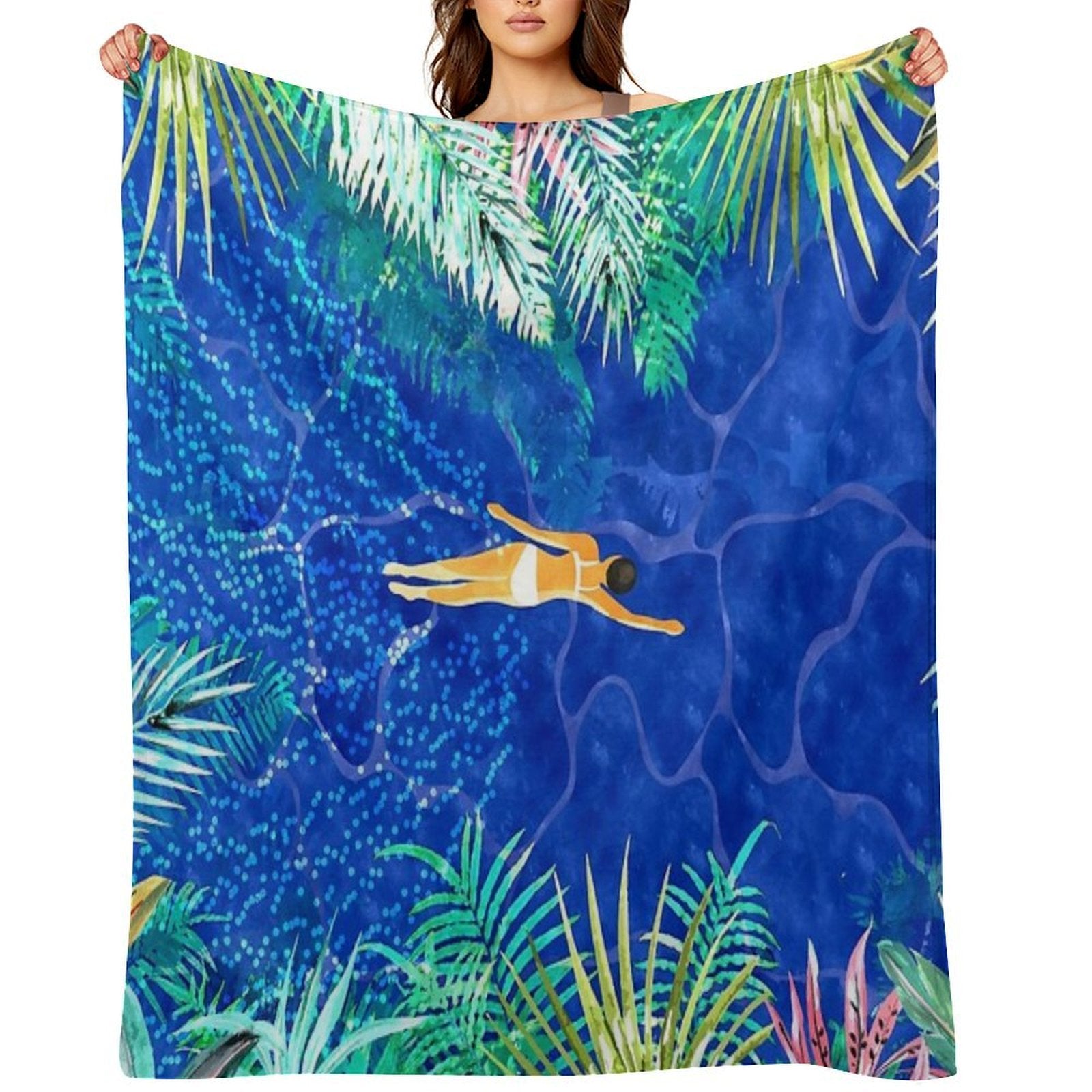 Tropical Jungle Pool  Forest Pop of Color Botanical  Travel Wild Plants Eclectic Watercolor Swim Sustainable Throw Blanket