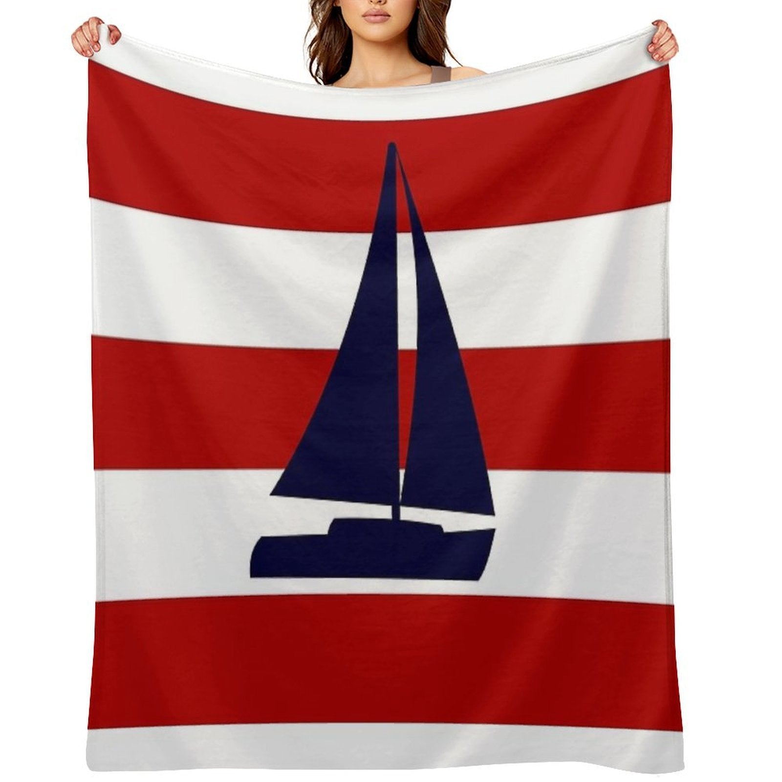 Nautical Navy Blue Sailboat On Red Stripes Plush Throw Blanket