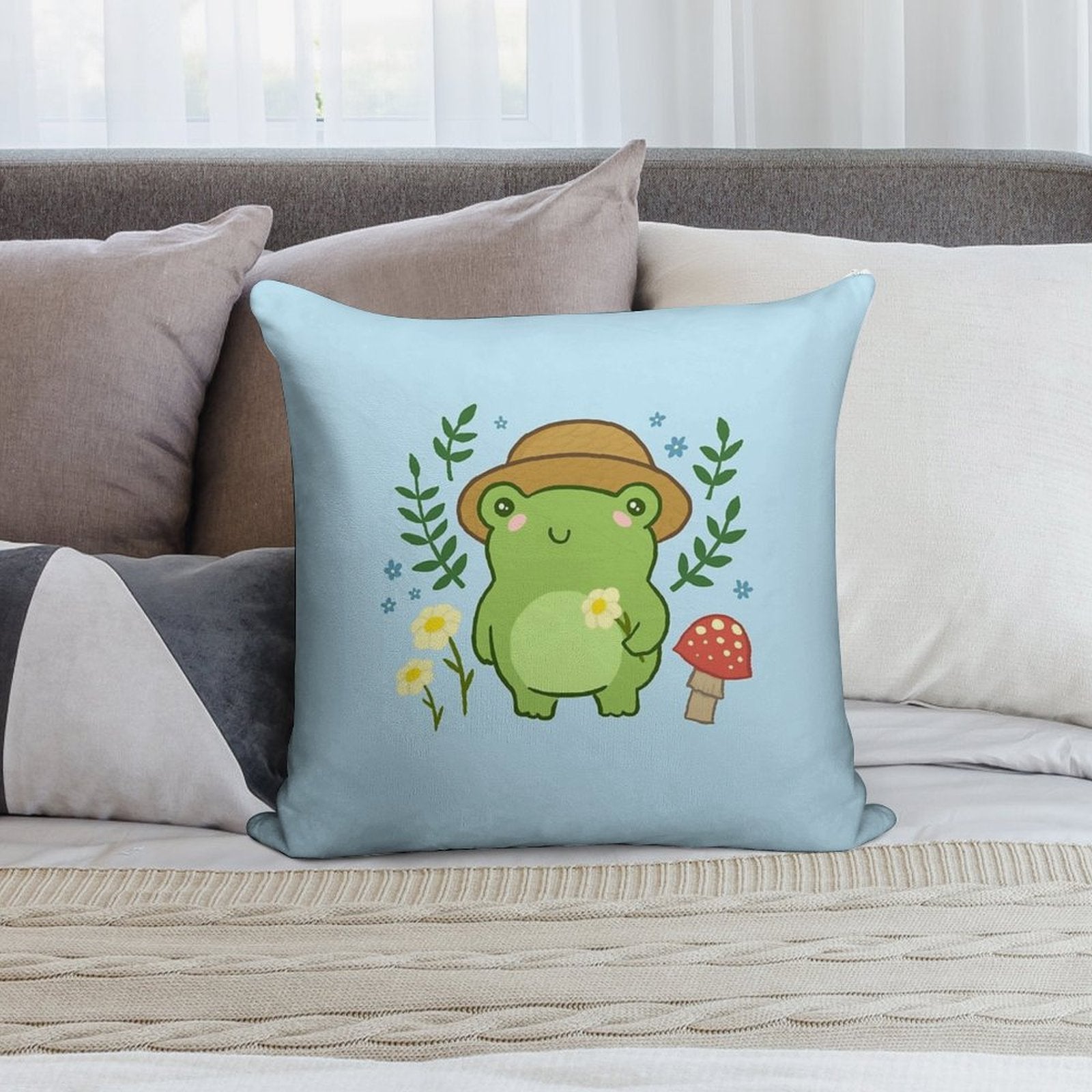 Kawaii Aesthetic Green Frog with Gardener Hat Funny Cottagecore Froggy, Nature Illustration with Mushroom Flower Blossoms Soft Luxury Feel Throw Pillow