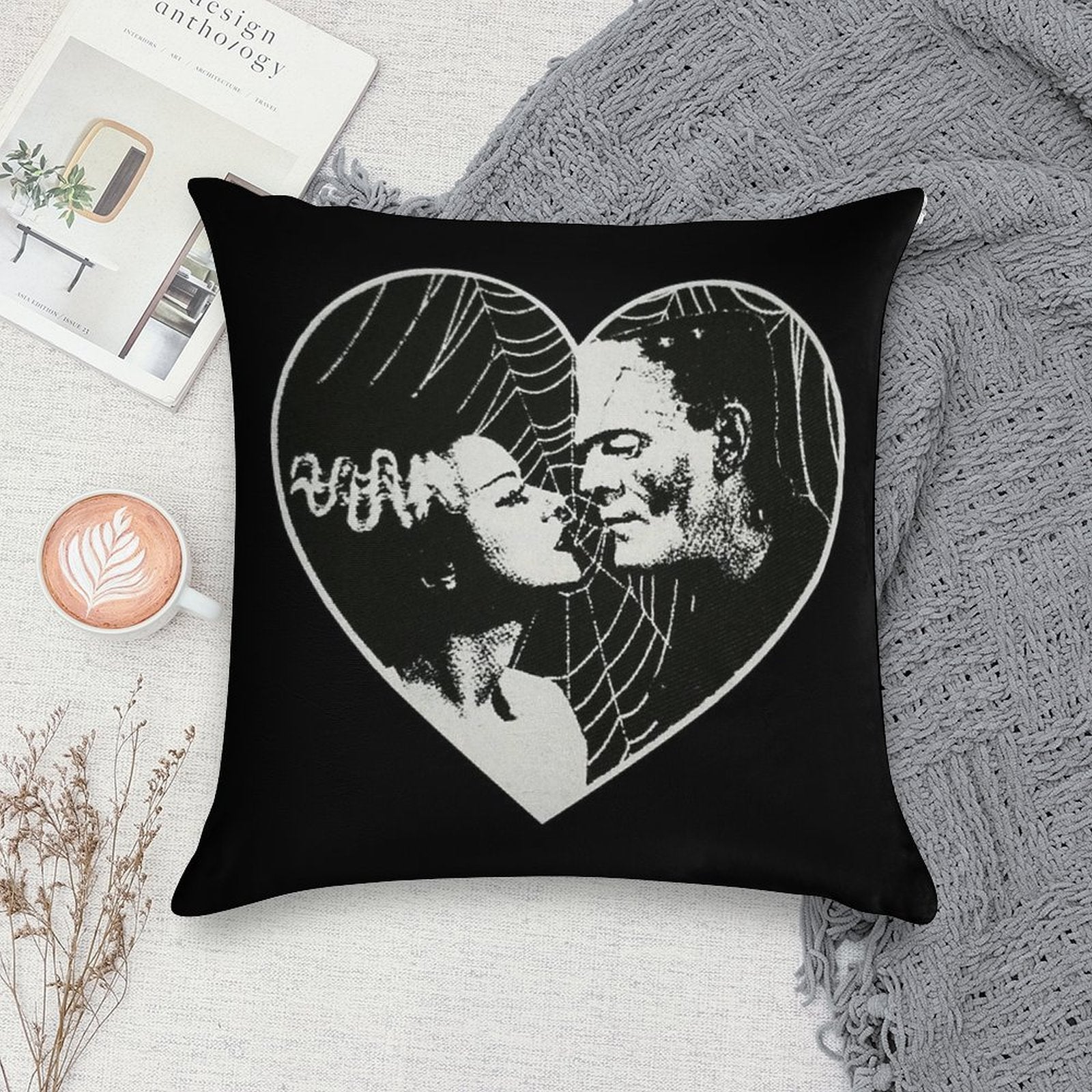 Frankenstein And Bride Goth Emo Heart Soft Hidden Zipper Throw Pillow