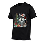 Cute Wolf With Christmas Tree Wearing Santa Hat  Easy-care T-Shirt