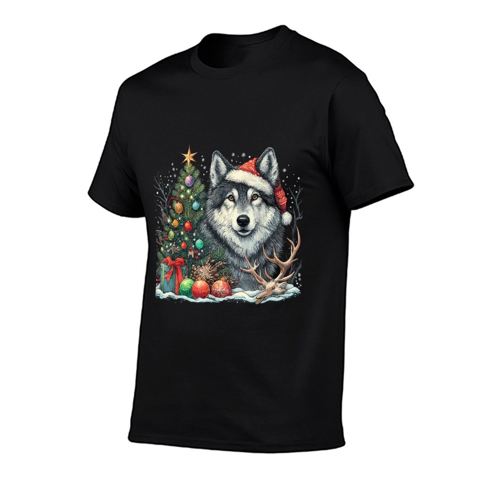 Cute Wolf With Christmas Tree Wearing Santa Hat  Easy-care T-Shirt