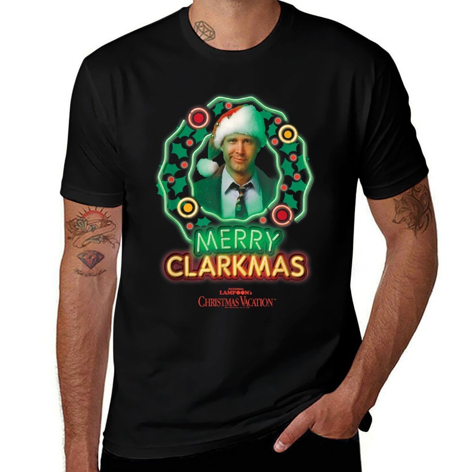 Christmas Vacation Neon Clark Christmas  Ribbed Collar T-Shirt