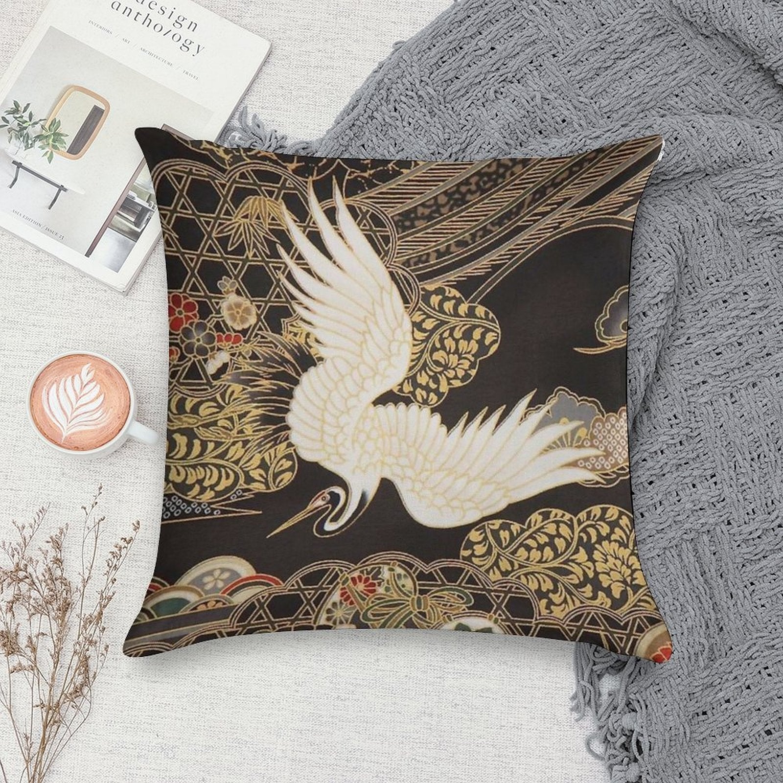 VintageJapanese Cranes Gold And Black Soft Home Decor Throw Pillow