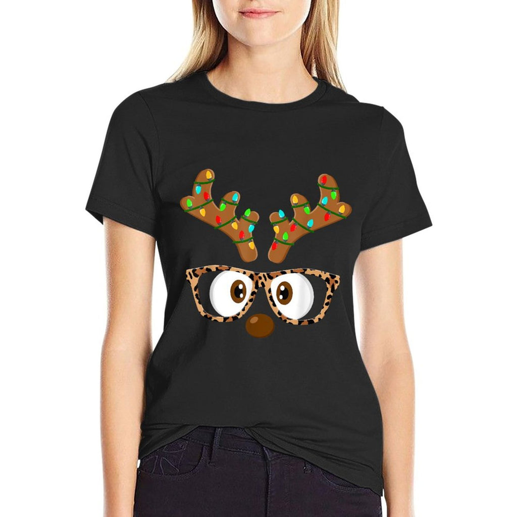Reindeer Face Glasses Matching Family Christmas Women Girls  Heathered Texture T-Shirt