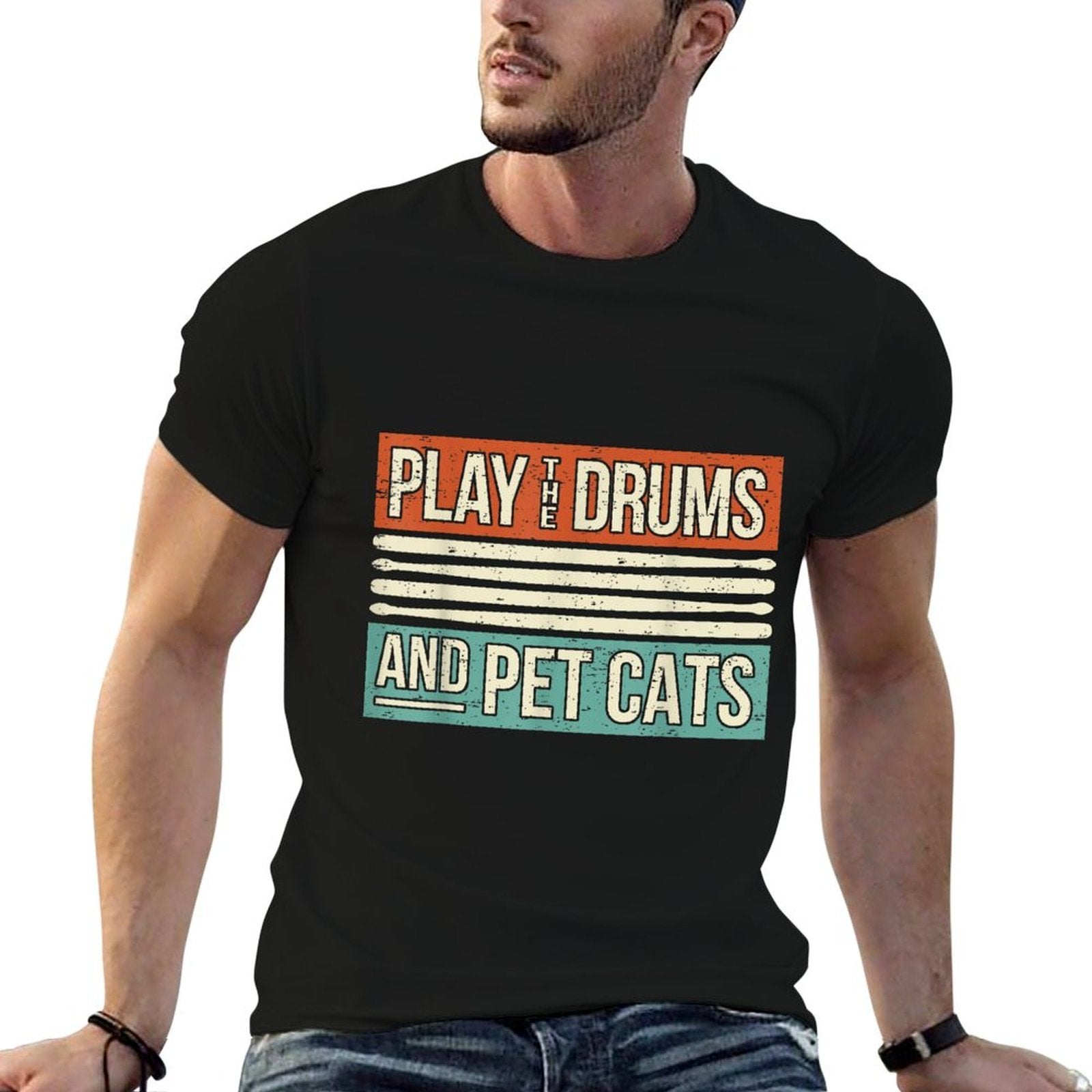 Retro Drummer Drumming Drums Percussion I Kitty Cat Lover  Slim-fit Cut T-Shirt