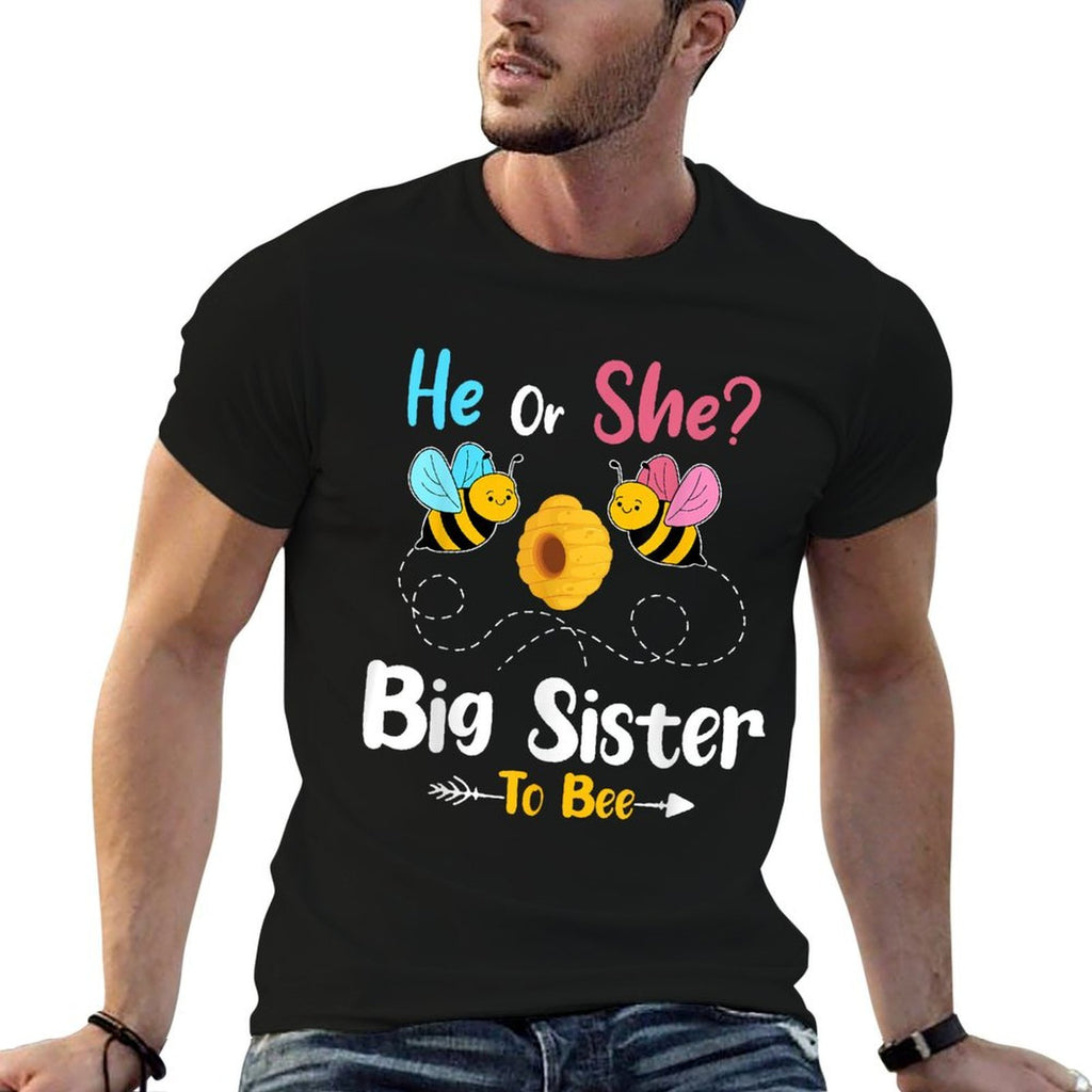 Gender Reveal He Or She Big Sister to Bee Baby Announcement  Relaxed-fit T-Shirt