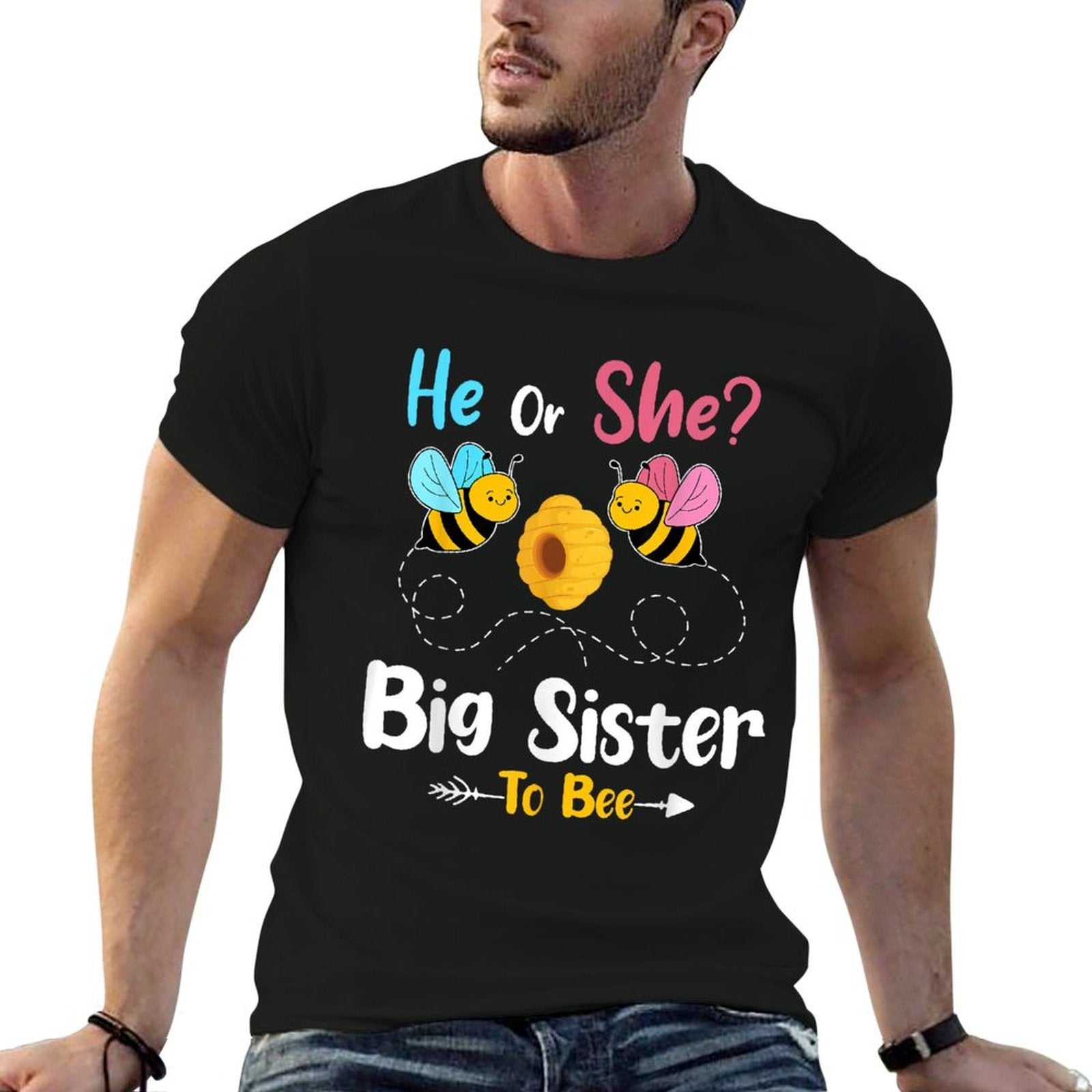 Gender Reveal He Or She Big Sister to Bee Baby Announcement  Relaxed-fit T-Shirt