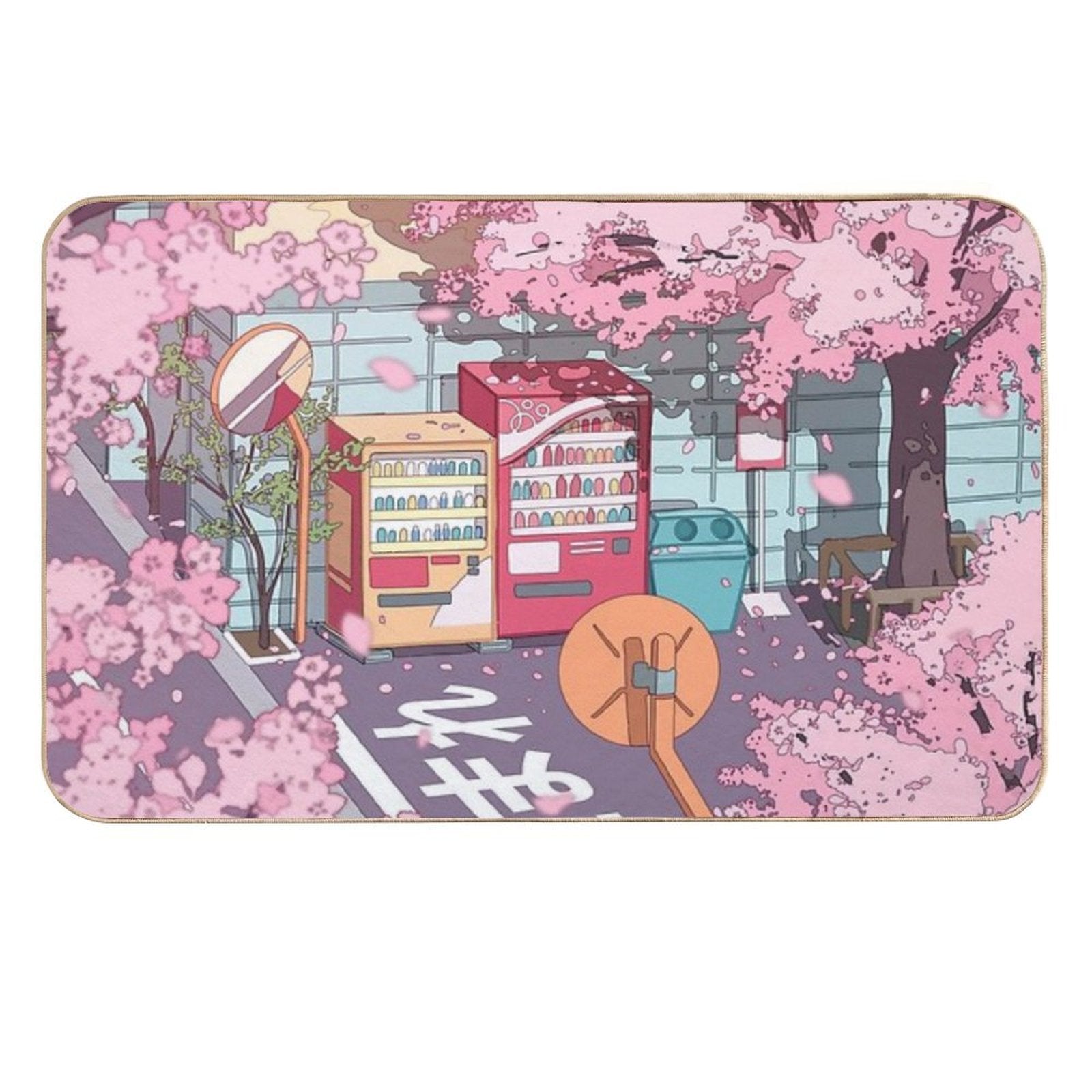 A Beautiful Aesthetic Tokyo Street And  The Pink Sakura Tree Blossom  Odorless Bath Mat