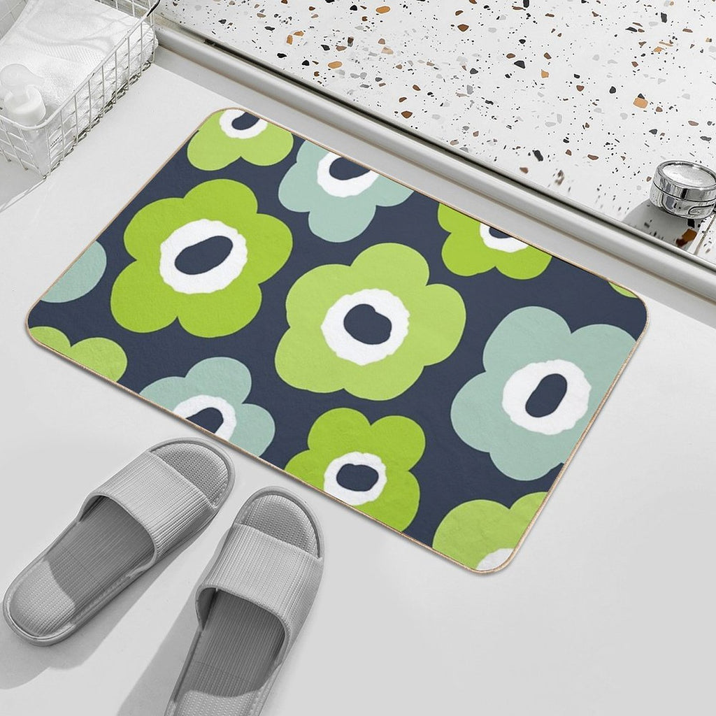 Iconic Bold Scandinavian Floral Pattern in Green And Blue  Stain-Proof Bath Mat