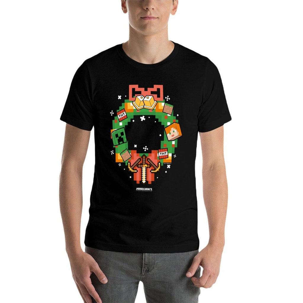 Minecraft Christmas Pixel Art Wreath Alex And Creeper  Relaxed-fit T-Shirt