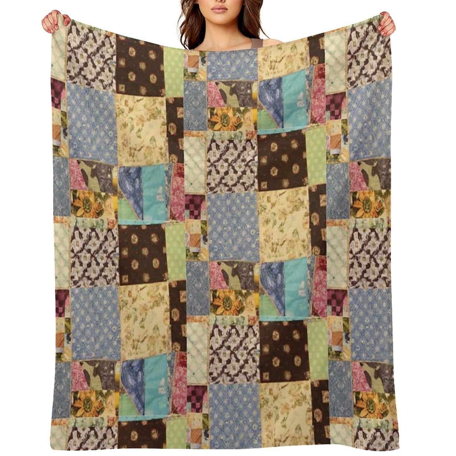 Vintage Home Made Patchwork With Diverse Patterns Sustainable Throw Blanket