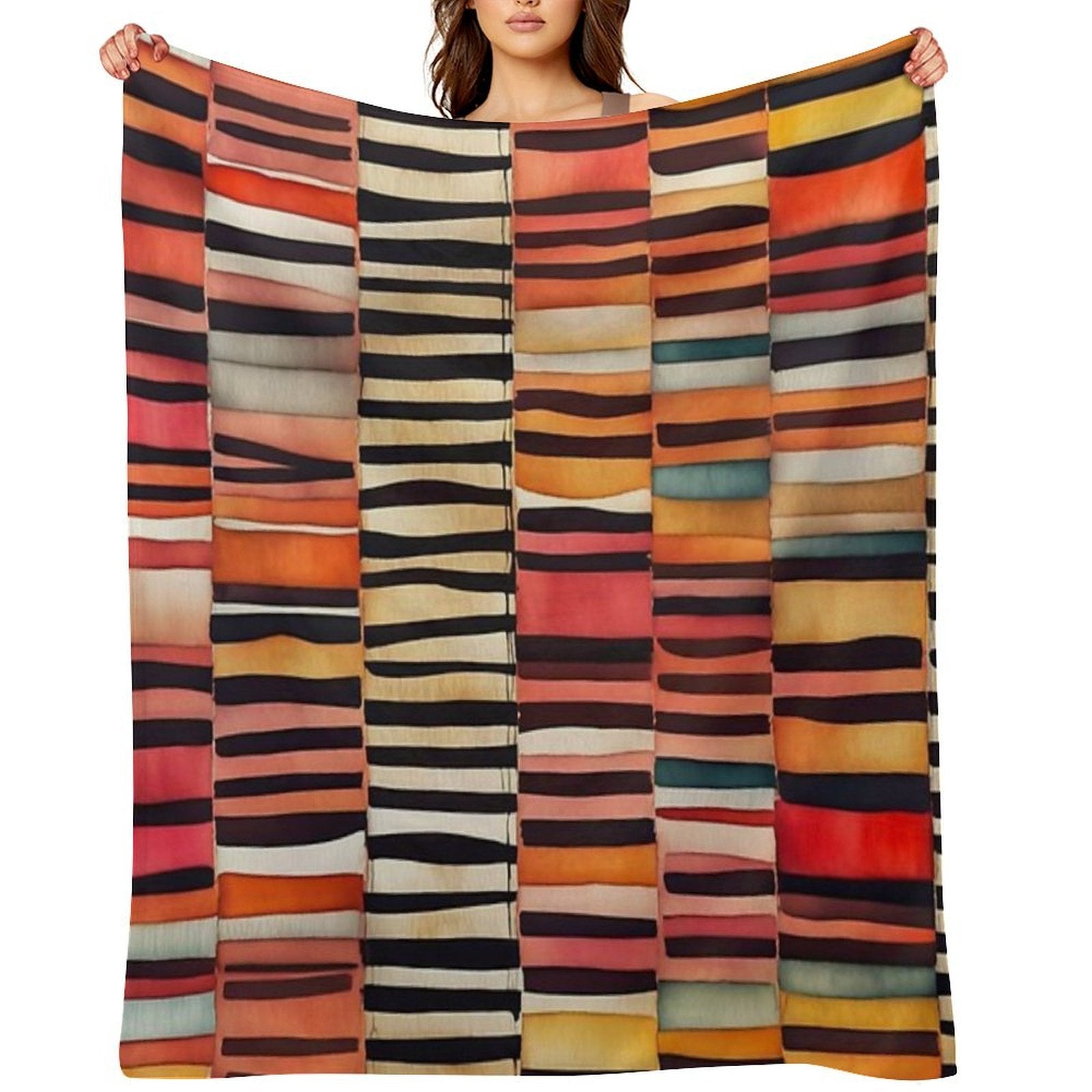 Etchnic Scandinavian Pattern - Watercolor Painting - Abstract Tribal Ethnic Traditional Pattern - Black Stripes - Terracotta & E Versatility Throw Blanket