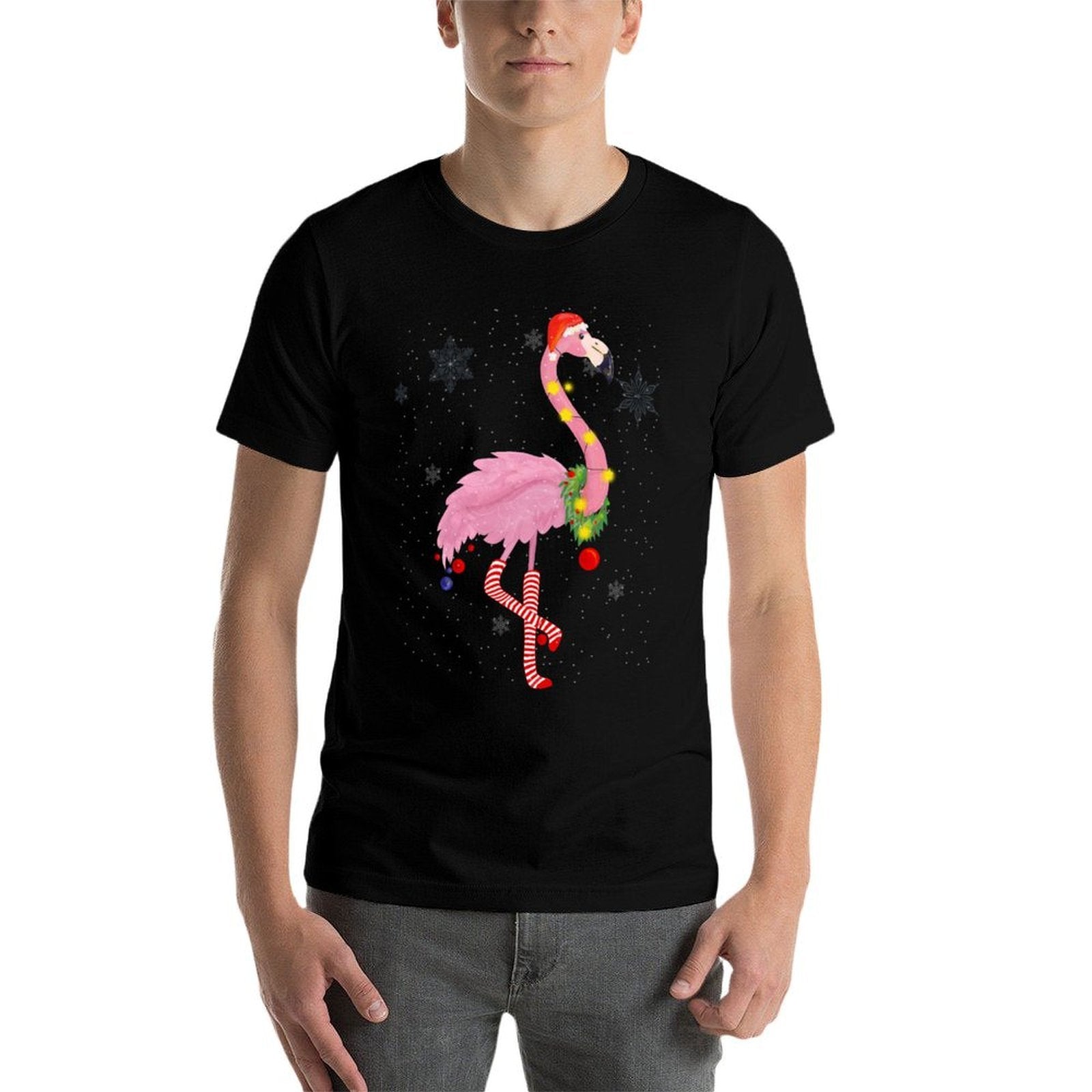 Cute Pink Flamingo with Snow, Lights And Santa Hat Christmas  Oversized Silhouette T-Shirt