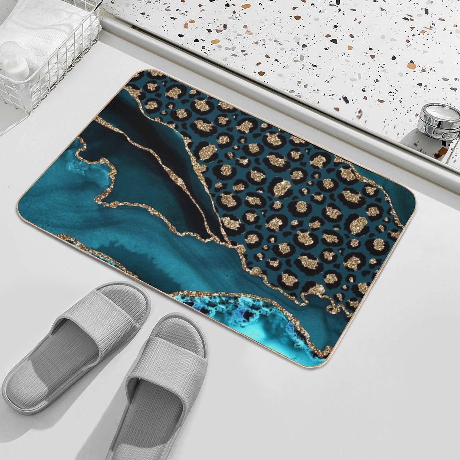 Teal & Gold Leopard Agate  Slip-Resistant Bath Mat