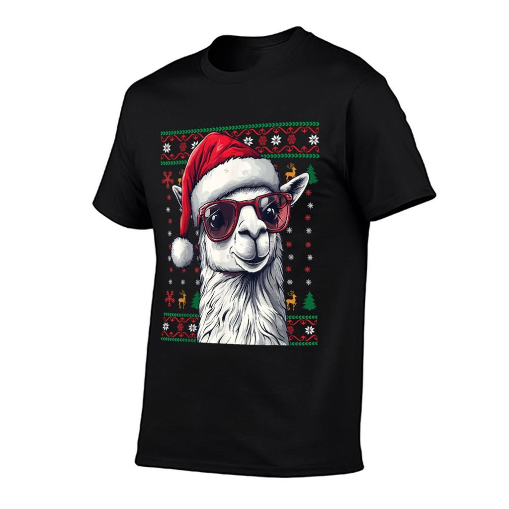 Llama Santa Hat Ugly Christmas Funny Holiday Llama Lover  Cotton T-Shirt