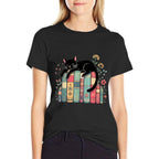 Floral Black Cat Sleeping On Books for Men Women Kids  Rolled Sleeves T-Shirt