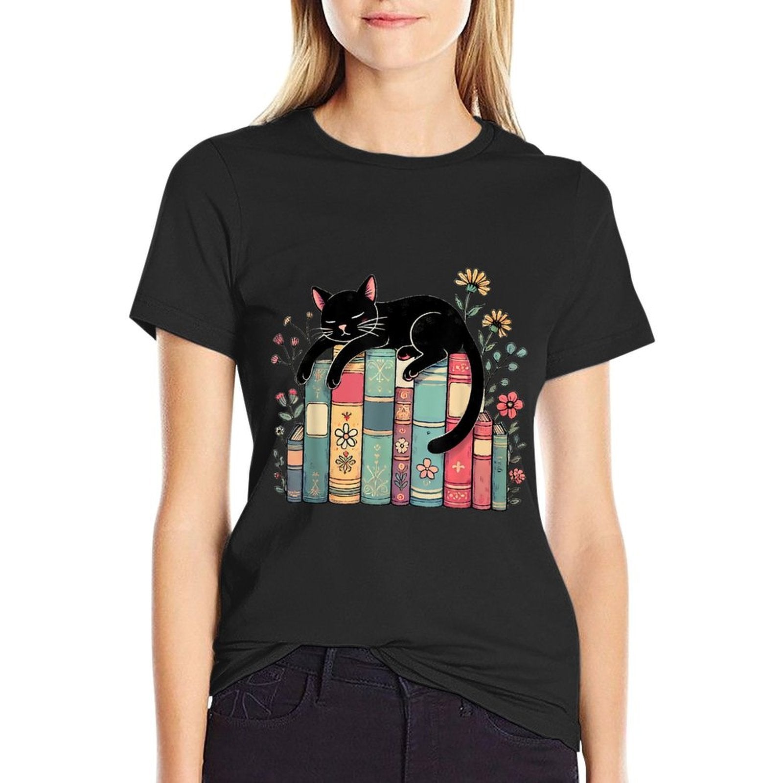 Floral Black Cat Sleeping On Books for Men Women Kids  Rolled Sleeves T-Shirt