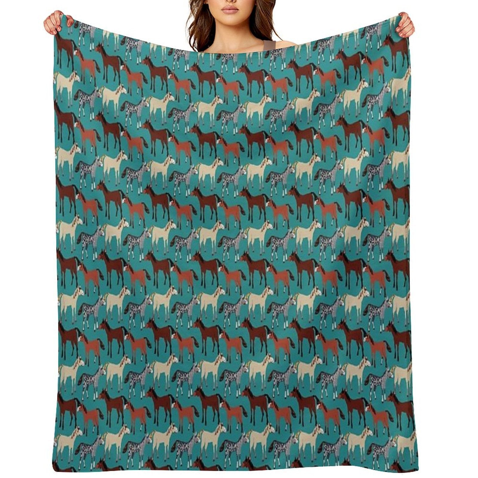 Horse Pattern in Aquamarine Blue Multi-functional Throw Blanket