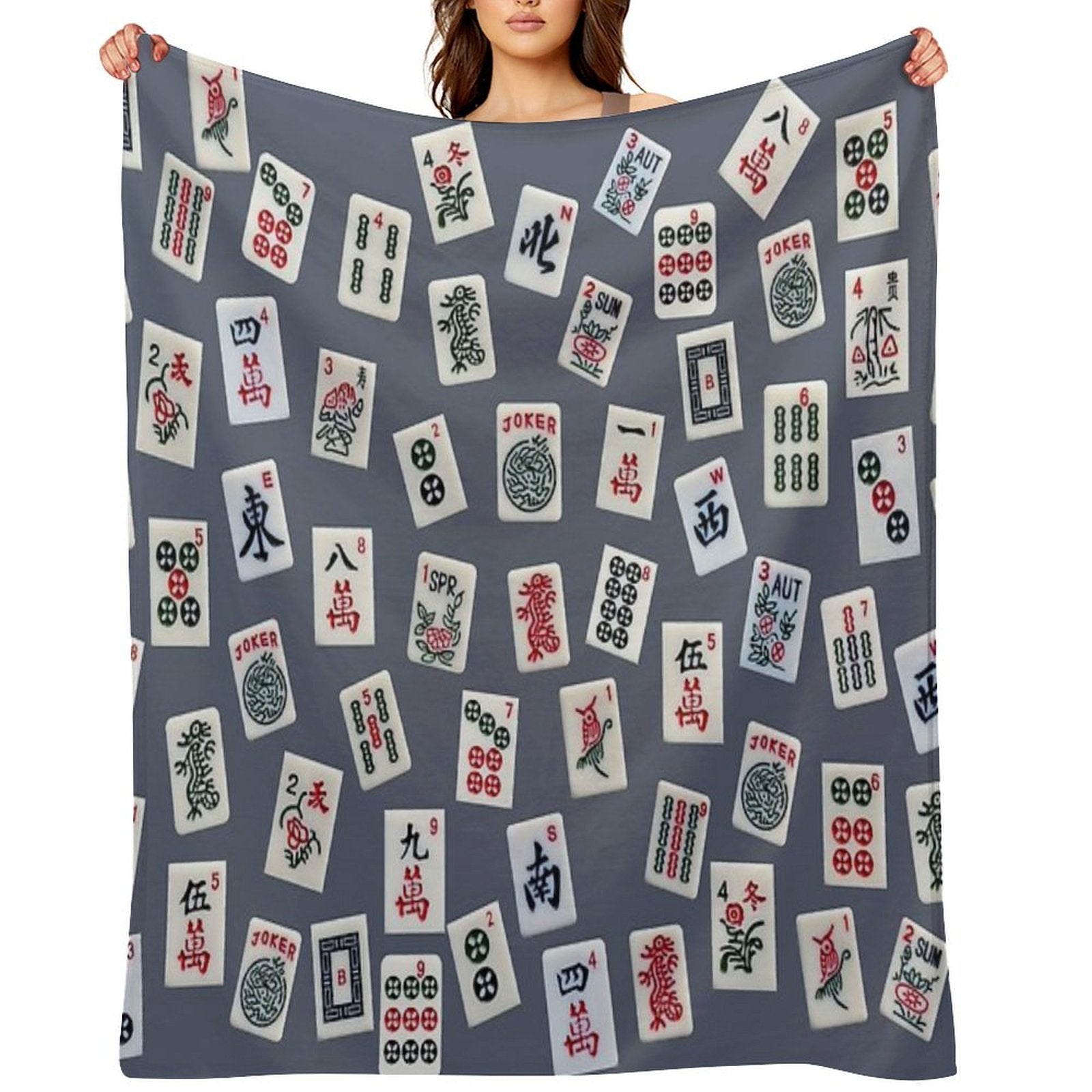 Mahjongg Game Tiles Design on Blue Color Wrinkle-free Throw Blanket