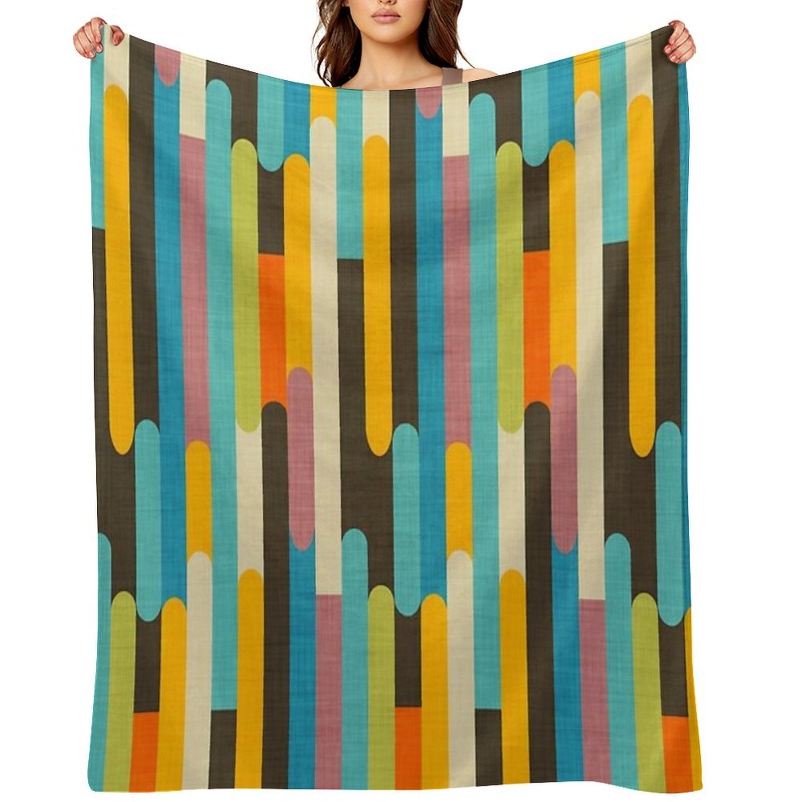 Retro Color Block Popsicle Sticks Blue Easy Care Throw Blanket