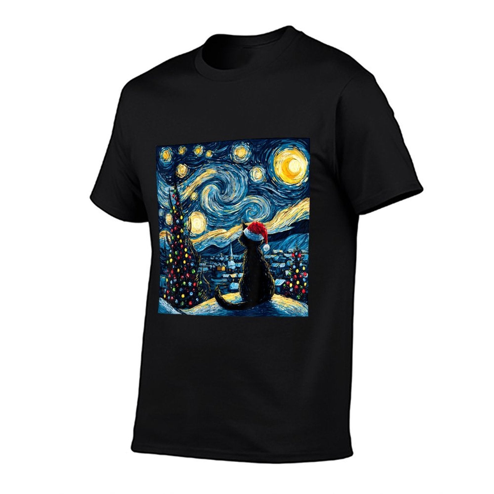 Van Gogh Starry Night Black Cat Santa Hat Toddlers Christmas  Odor-resistant T-Shirt