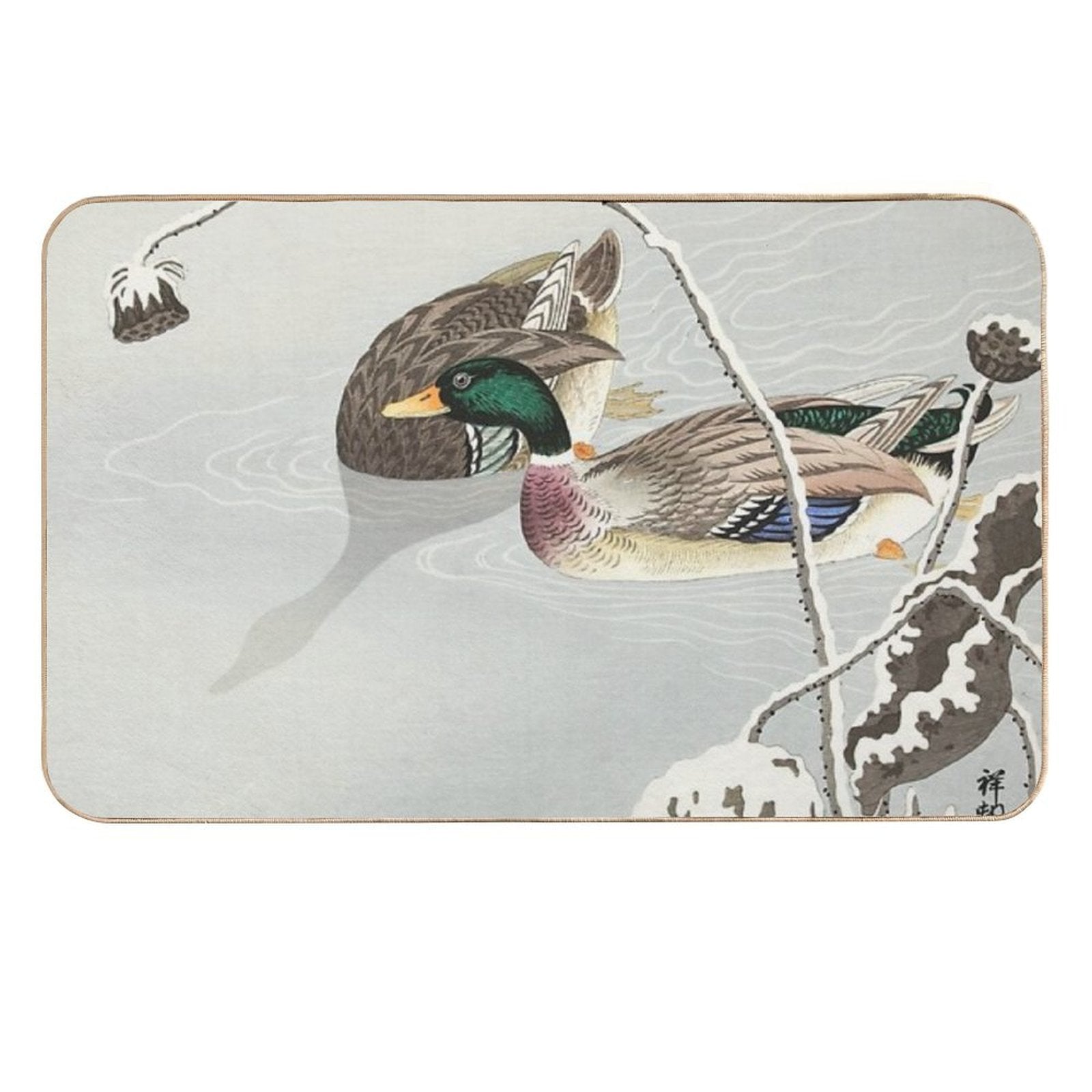 Japanese Woodblock Print of  Two Mallards  by Ohara Koson  Long-Lasting Bath Mat