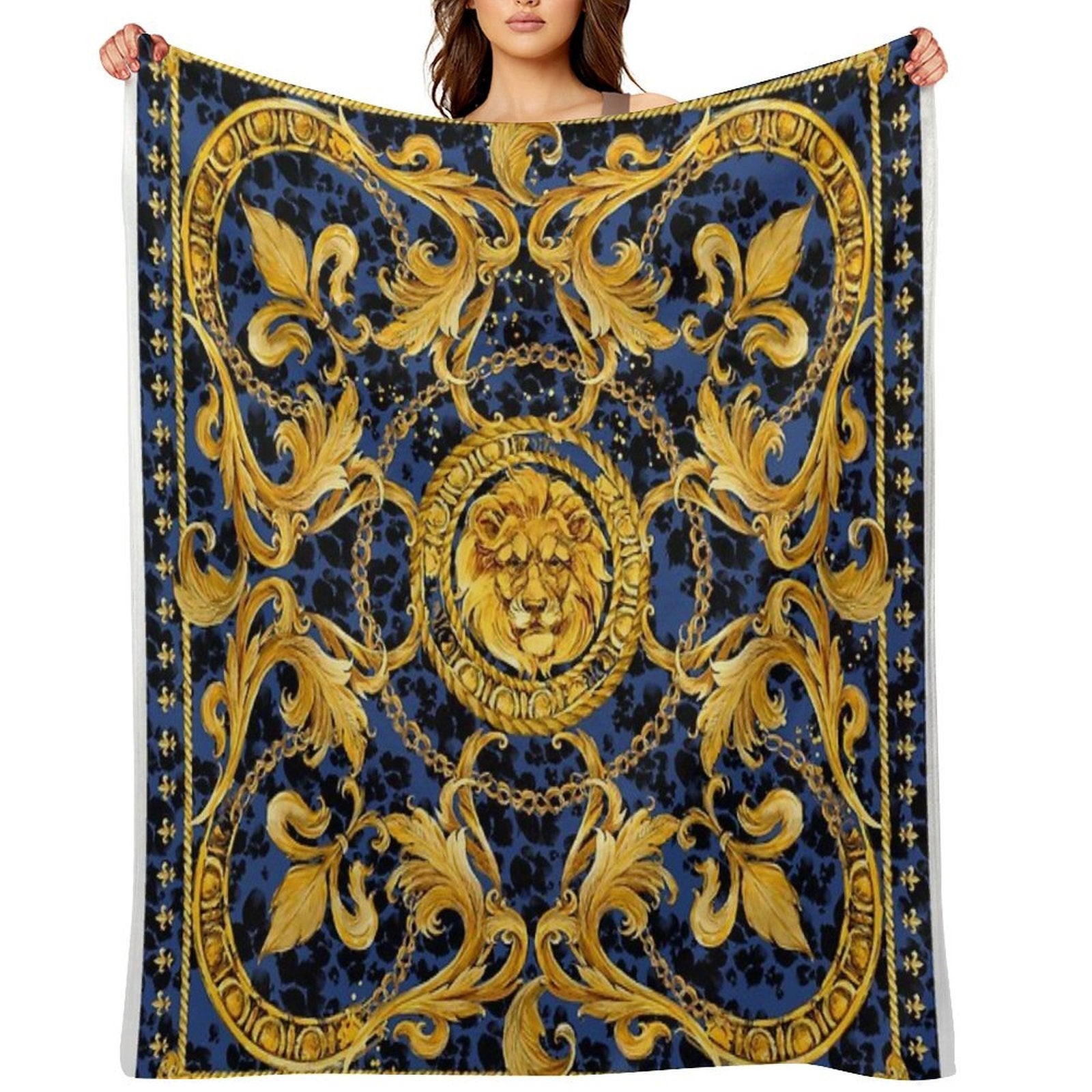 Golden Lion And Damask Ornament. Sustainable Throw Blanket