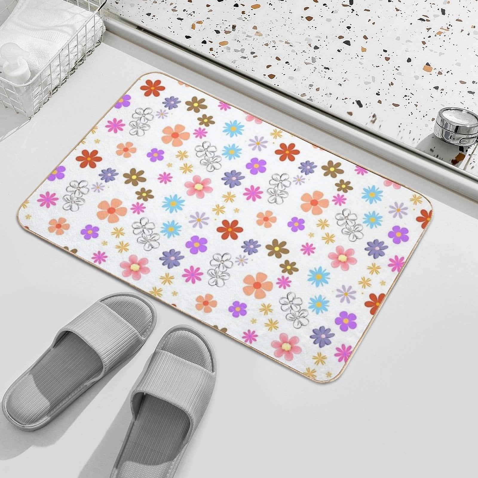 Flowers Design Pattern, Isolated in White Background  Multi-Purpose Bath Mat