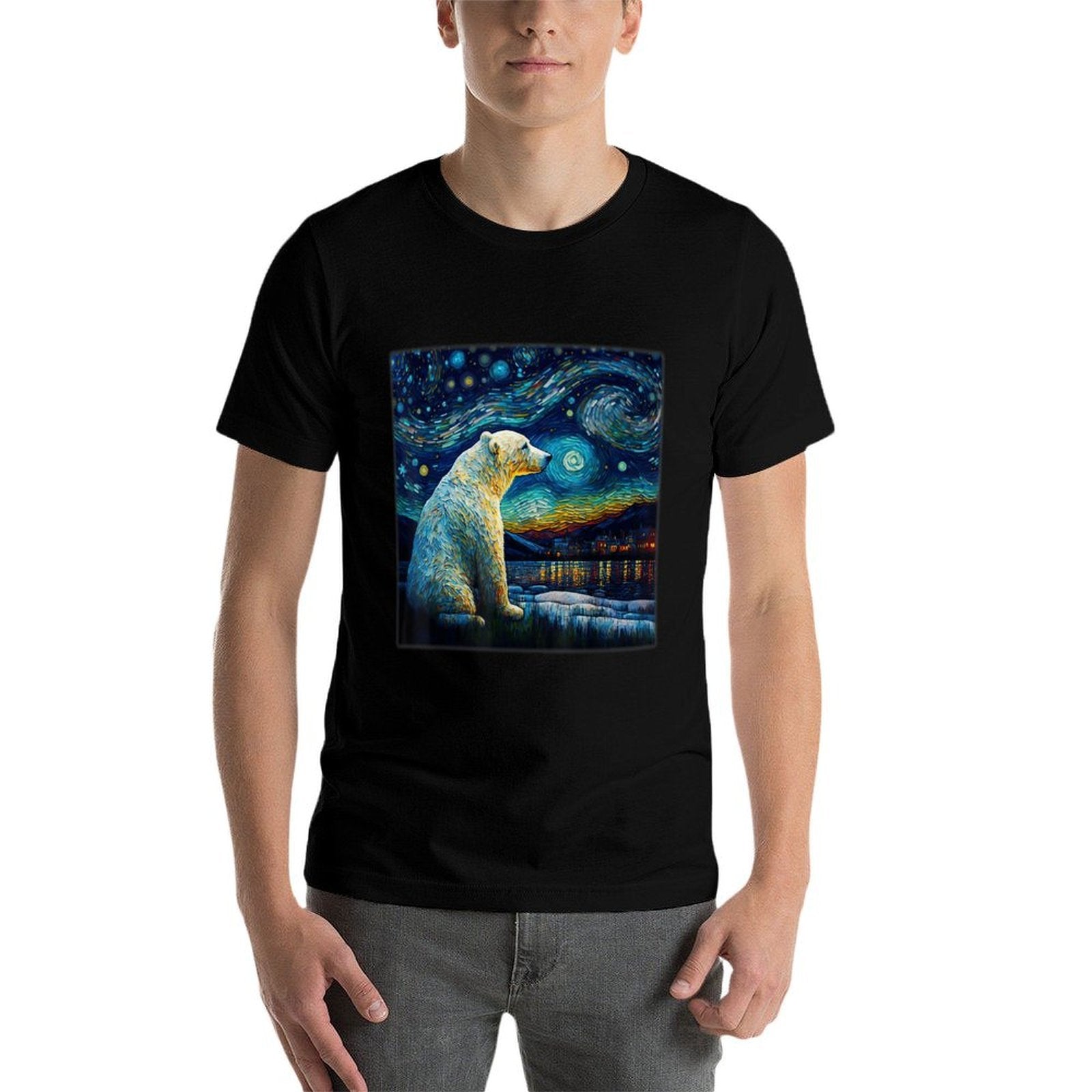 Surrealism Starry Night Polar Bear  High-quality Stitching T-Shirt