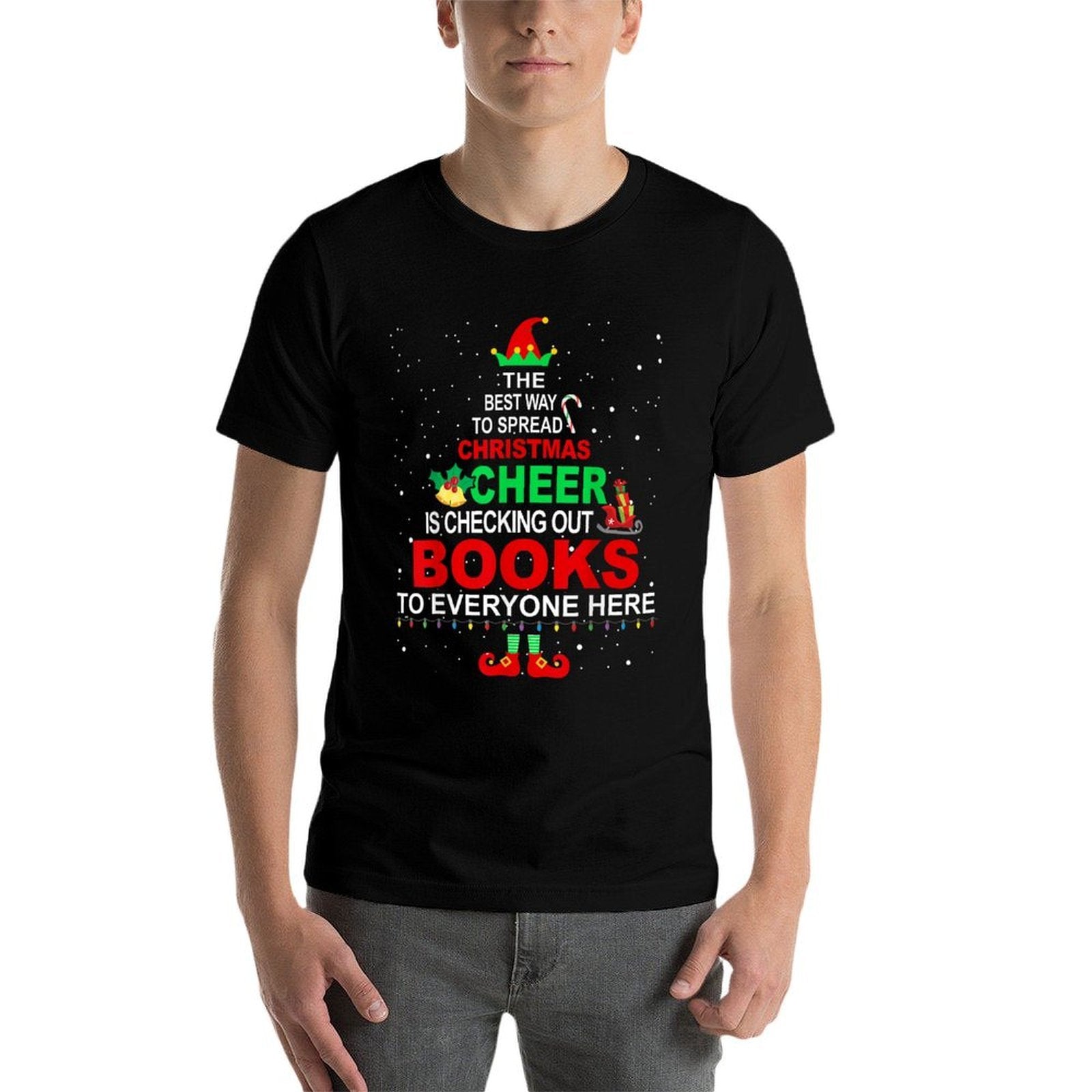 Librarian Christmas Tshirt - Elf Cheer Christmas  Ribbed Collar T-Shirt