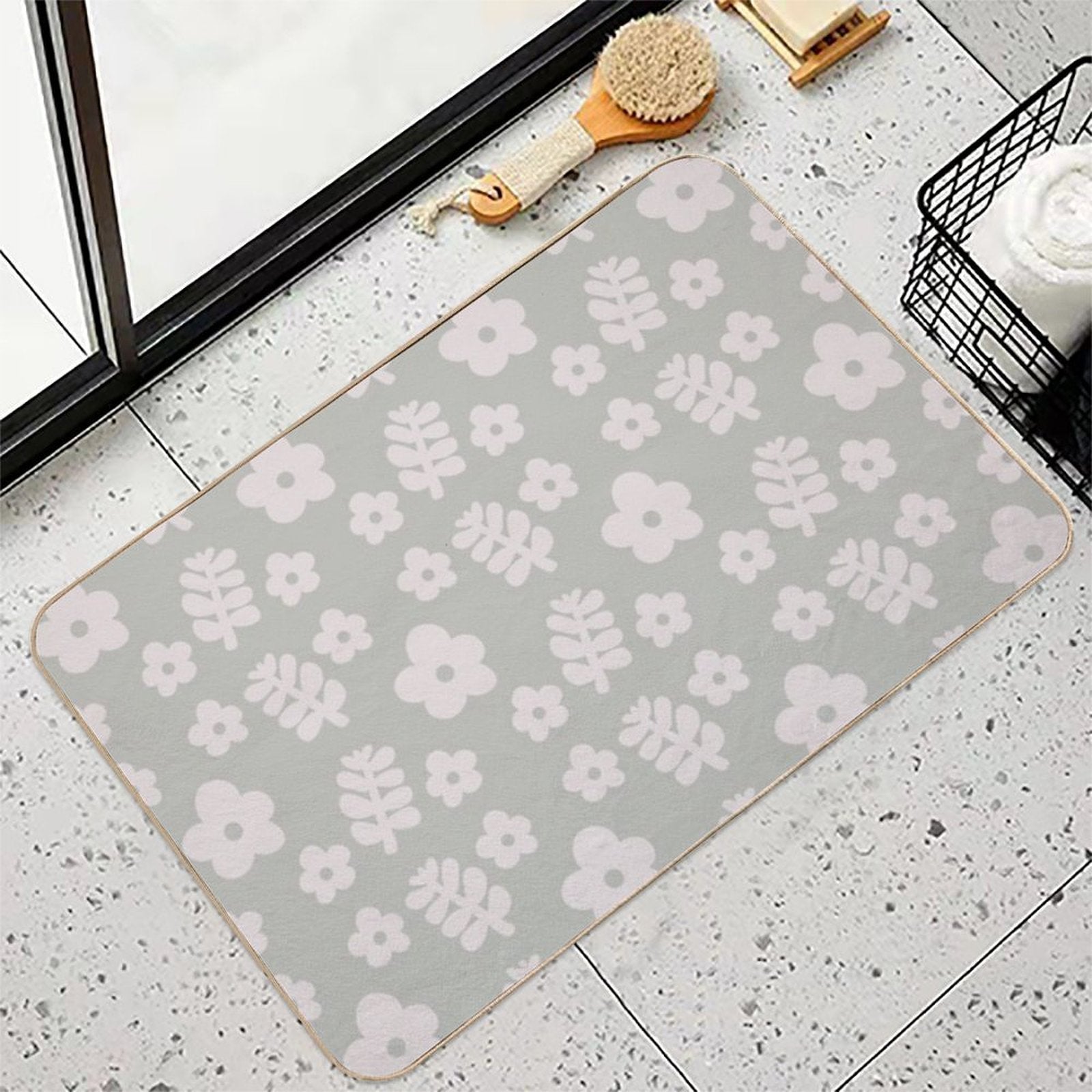 Mid Century Modern Flowers & Leaves, Cute Retro Pattern, Pale Green  Anti-Trip Bath Mat